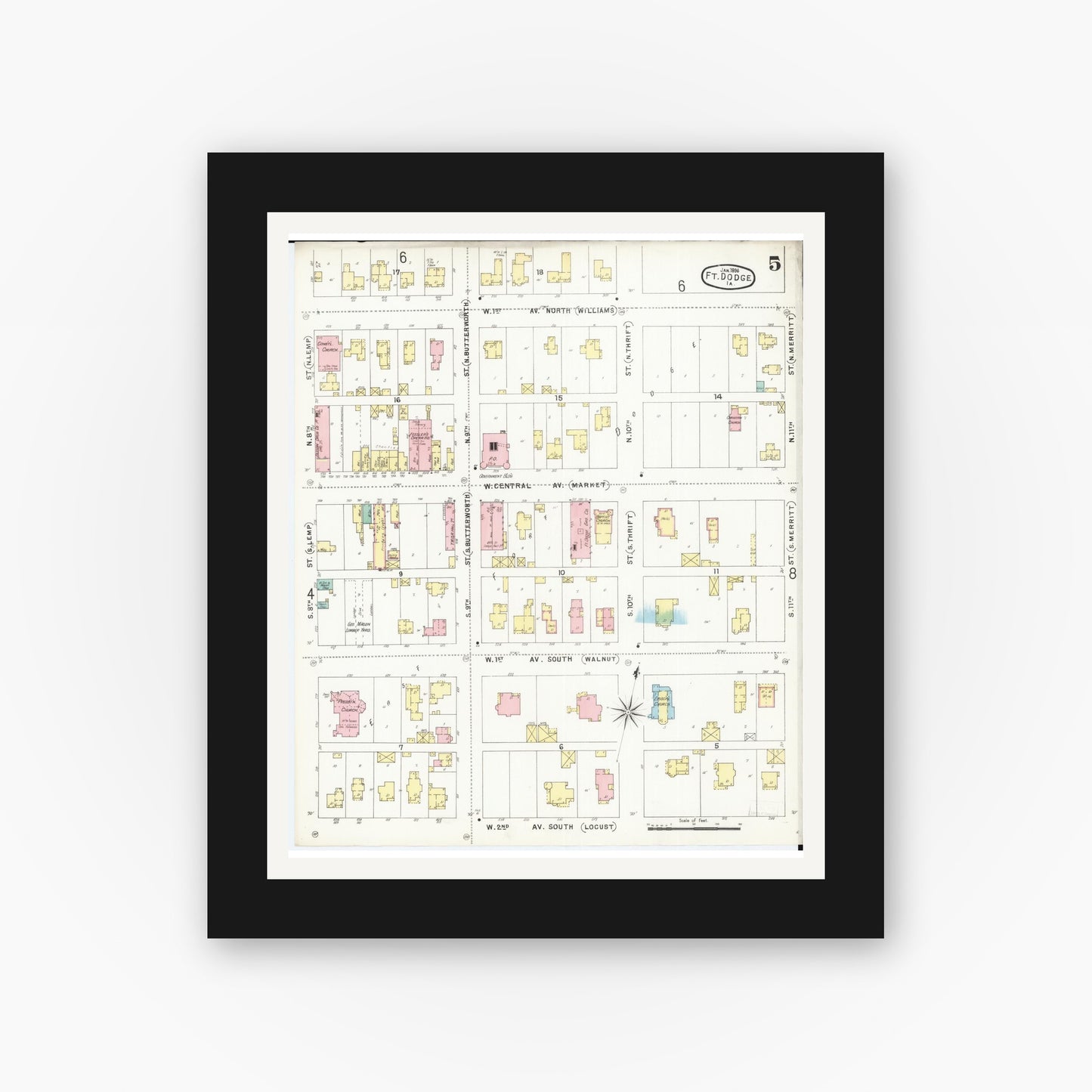 Old map wall art mockup — black gallery frame with white mat — Sanborn Fire Insurance Map from Fort Dodge, Webster County, Iowa (1896), Sheet #0005