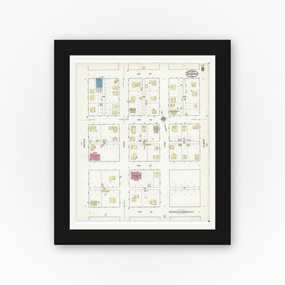 Old map wall art mockup — black gallery frame with white mat — Sanborn Fire Insurance Map from Quanah, Hardeman County, Texas (1921), Sheet #0008