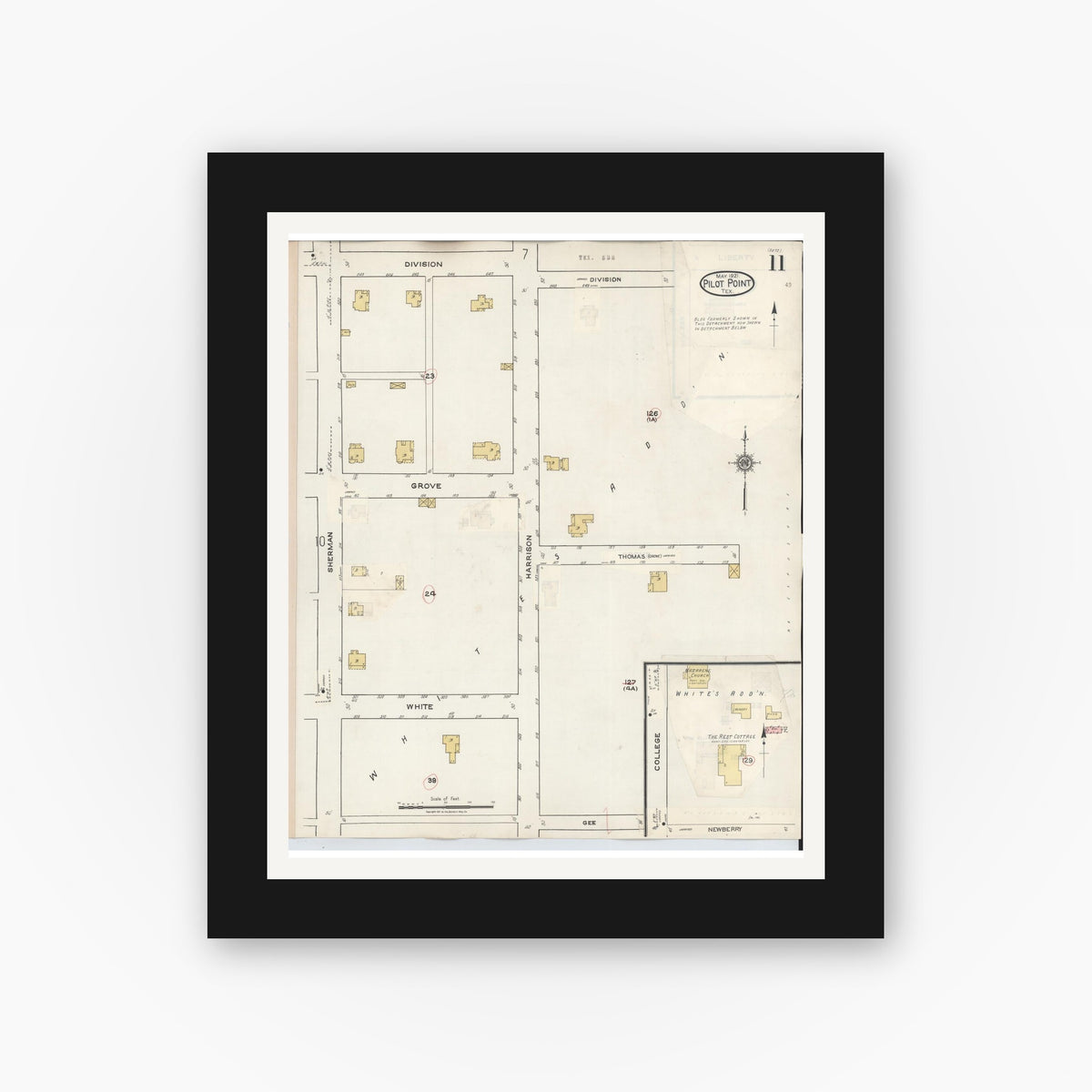 Old map wall art mockup — black gallery frame with white mat — Sanborn Fire Insurance Map from Pilot Point, Denton County, Texas (1940), Sheet #0011
