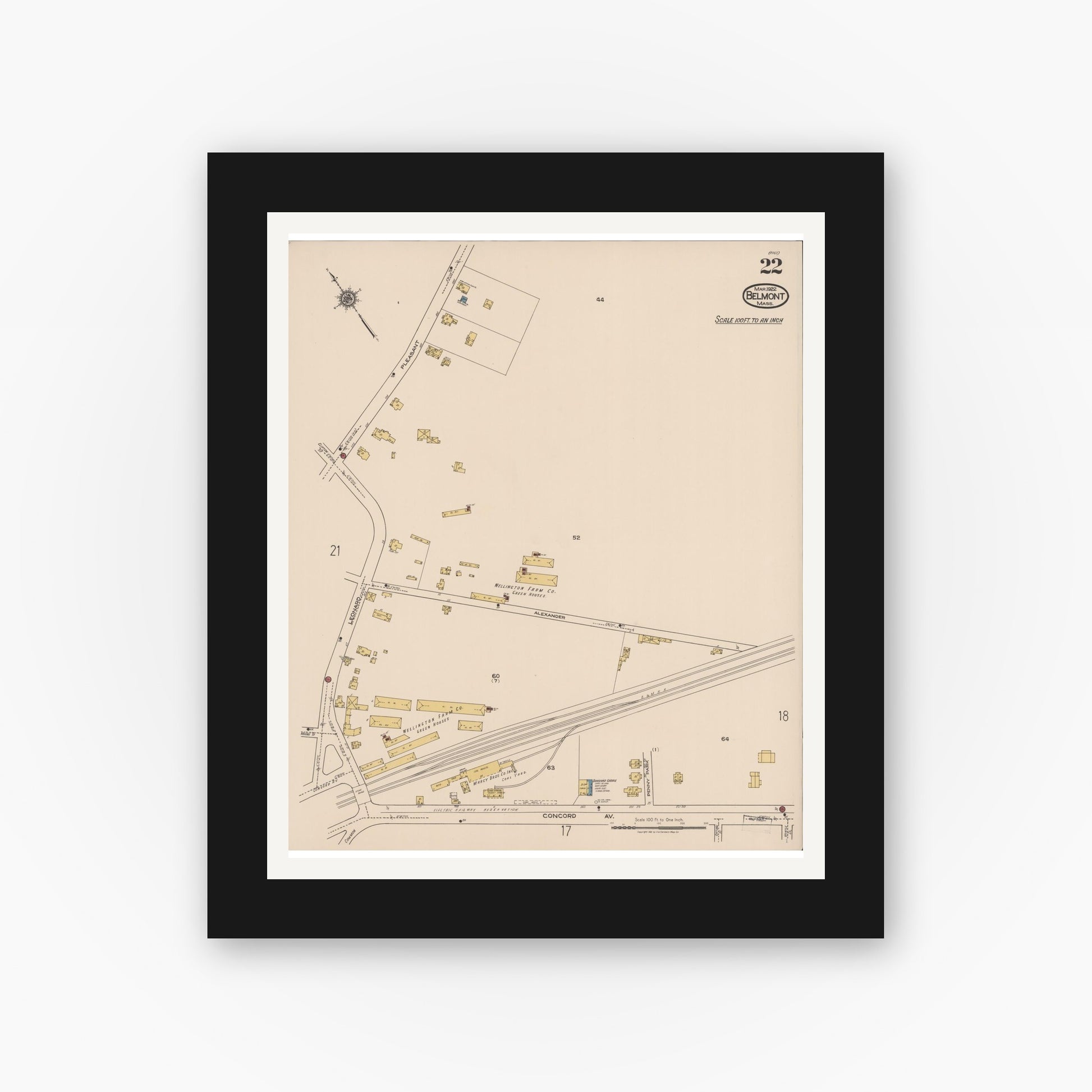 Old map wall art mockup — black gallery frame with white mat — Sanborn Fire Insurance Map from Belmont, Middlesex County, Massachusetts (1922), Sheet #0022