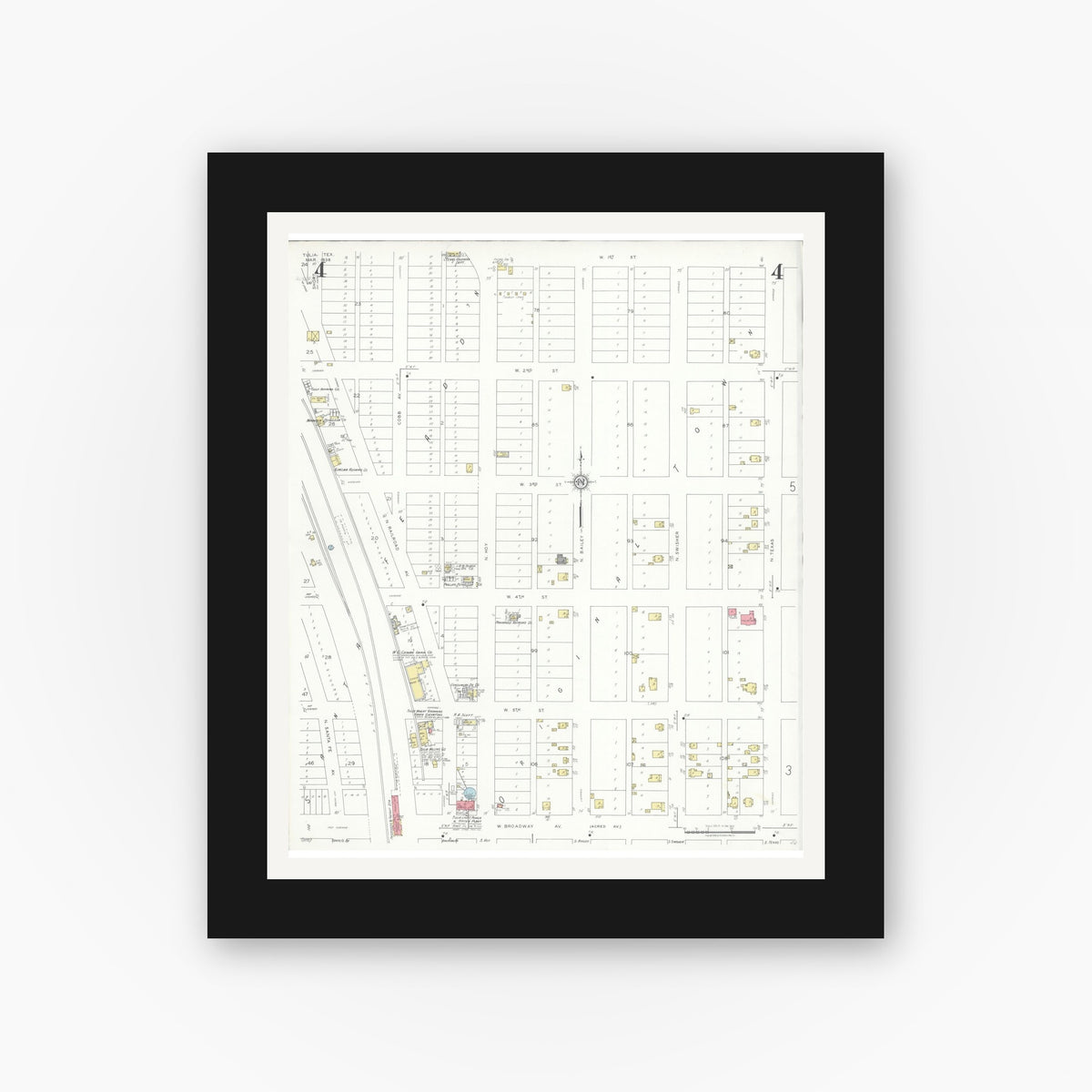 Old map wall art mockup — black gallery frame with white mat — Sanborn Fire Insurance Map from Tulia, Swisher County, Texas (1936), Sheet #0004