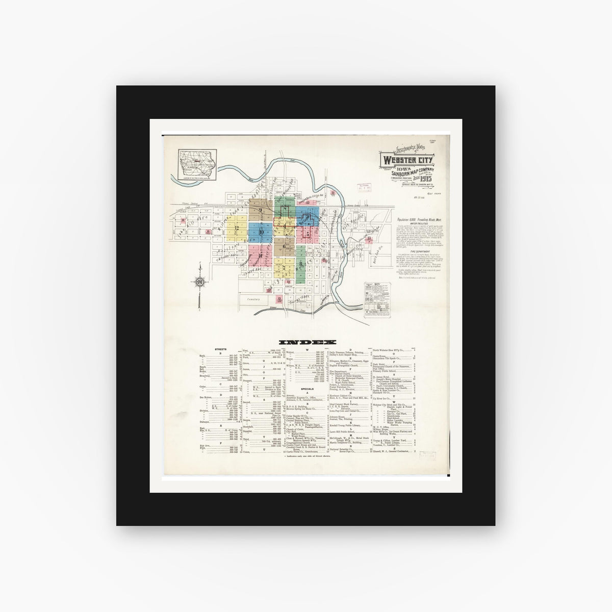 Old map wall art mockup — black gallery frame with white mat — Sanborn Fire Insurance Map from Webster City, Hamilton County, Iowa (1915), Sheet #0001