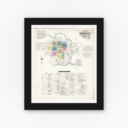 Old map wall art mockup — black gallery frame with white mat — Sanborn Fire Insurance Map from Webster City, Hamilton County, Iowa (1915), Sheet #0001