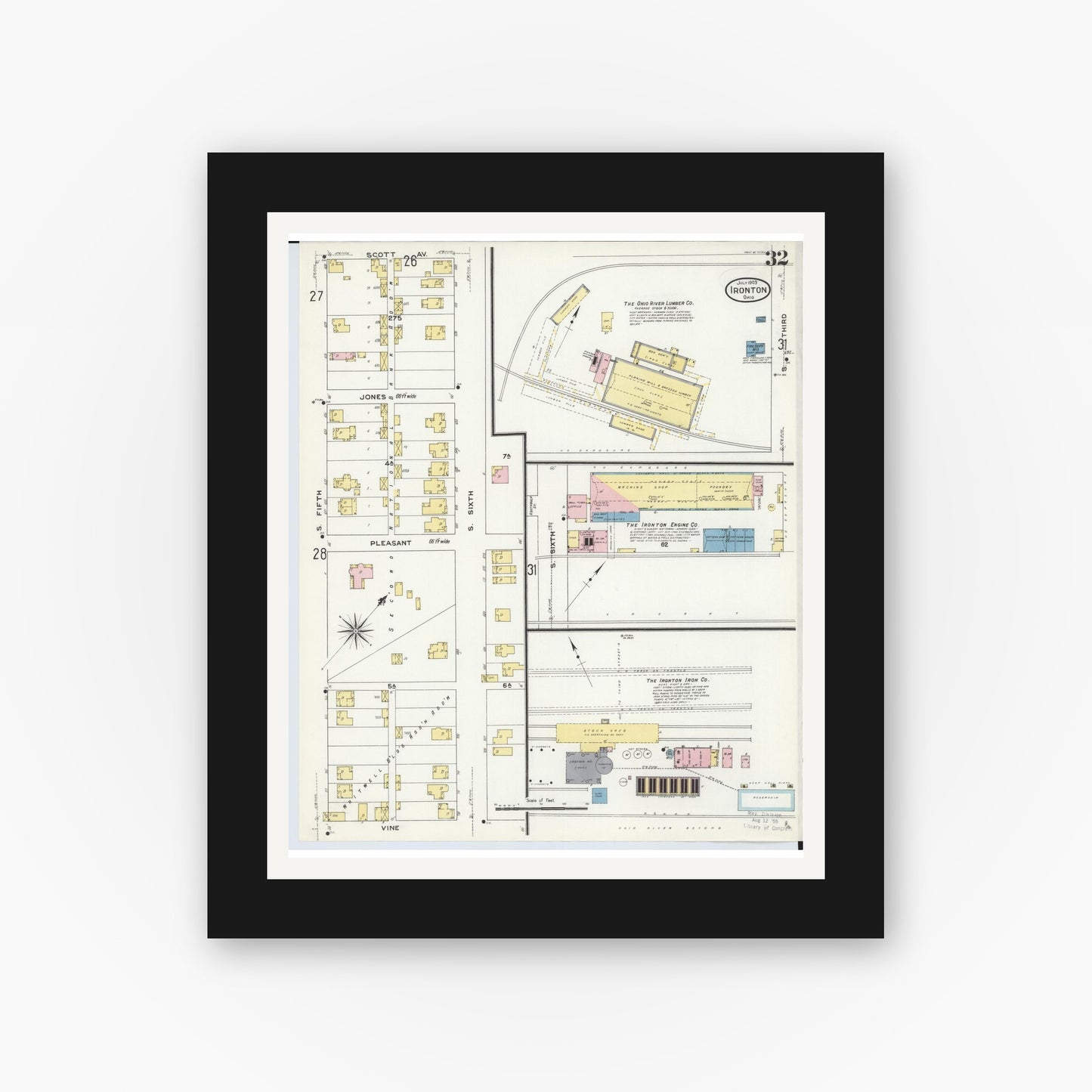 Old map wall art mockup — black gallery frame with white mat — Sanborn Fire Insurance Map from Ironton, Lawrence County, Ohio (1909), Sheet #0032