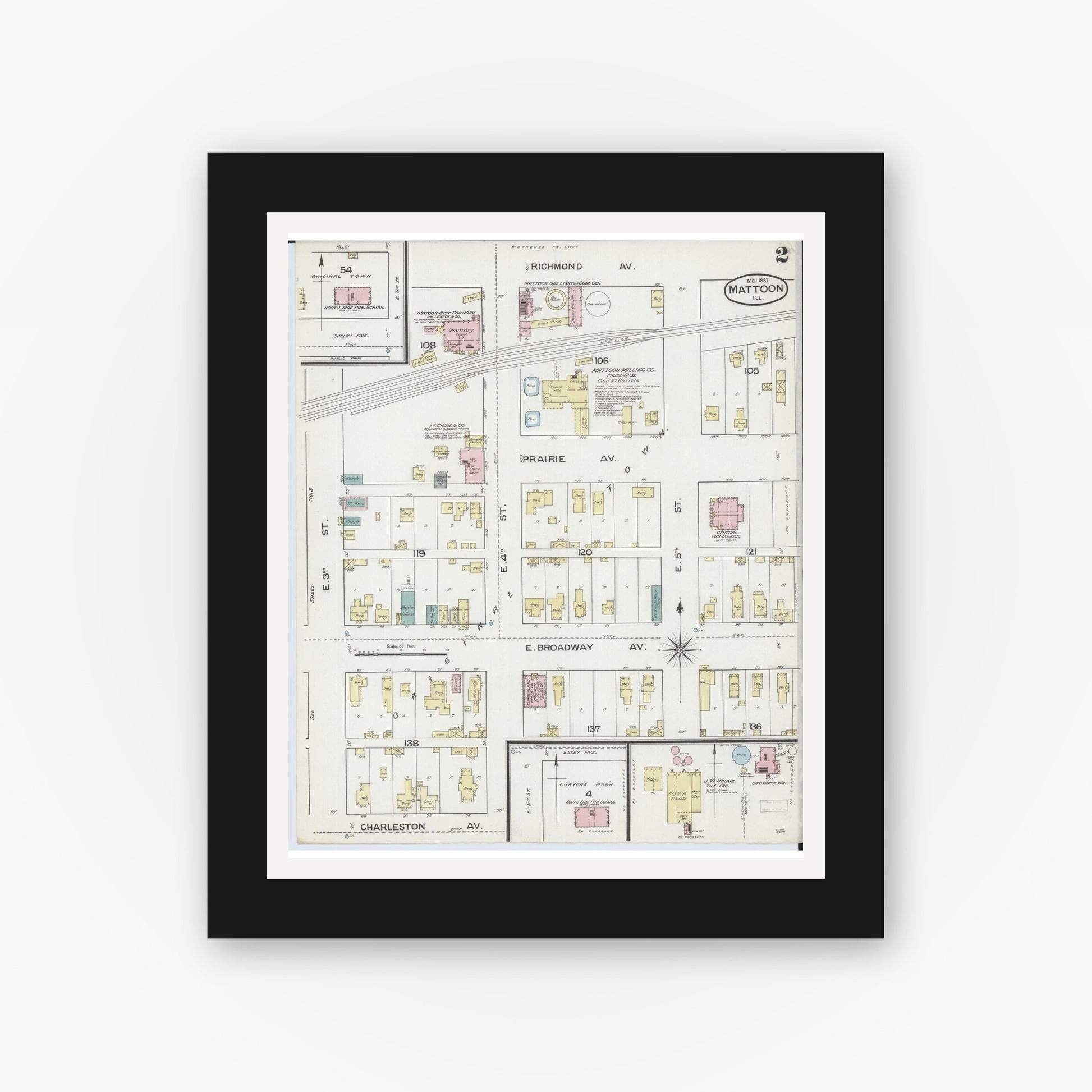 Old map wall art mockup — black gallery frame with white mat — Sanborn Fire Insurance Map from Mattoon, Coles County, Illinois (1887), Sheet #0002