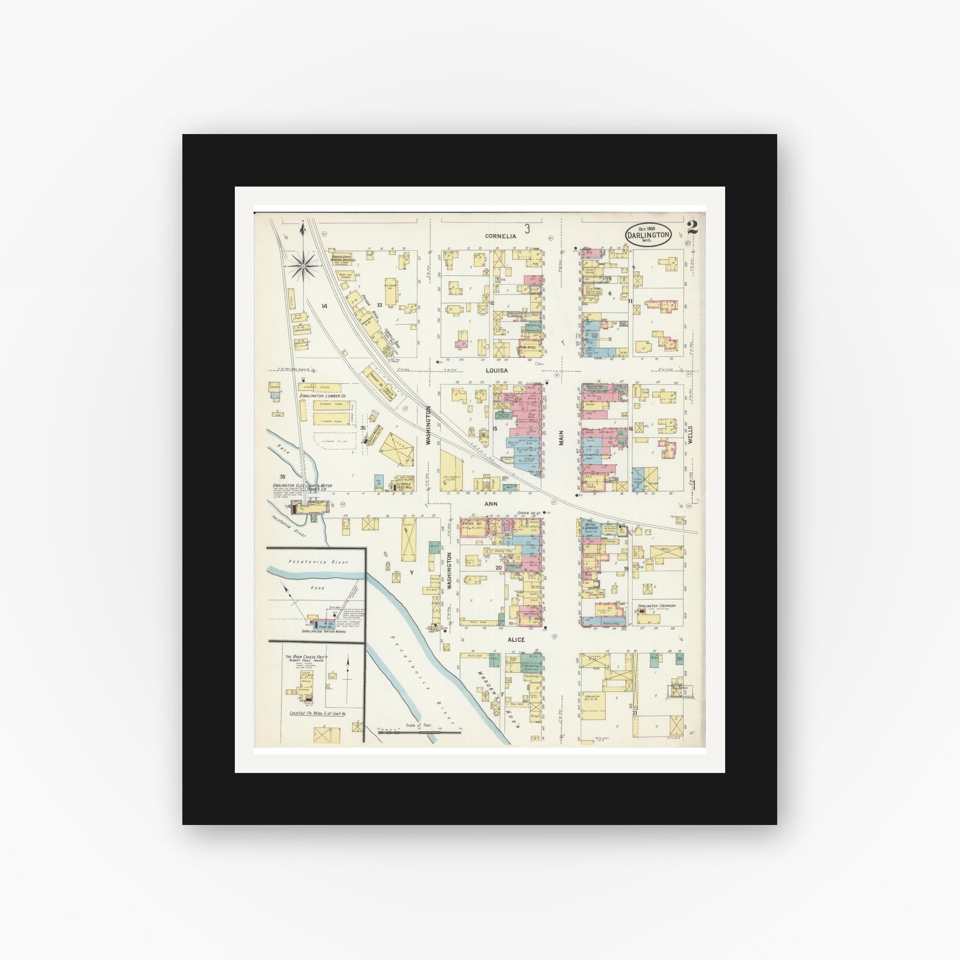 Old map wall art mockup — black gallery frame with white mat — Sanborn Fire Insurance Map from Darlington, Lafayette County, Wisconsin (1908), Sheet #0002