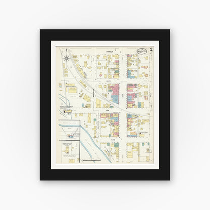 Old map wall art mockup — black gallery frame with white mat — Sanborn Fire Insurance Map from Darlington, Lafayette County, Wisconsin (1908), Sheet #0002