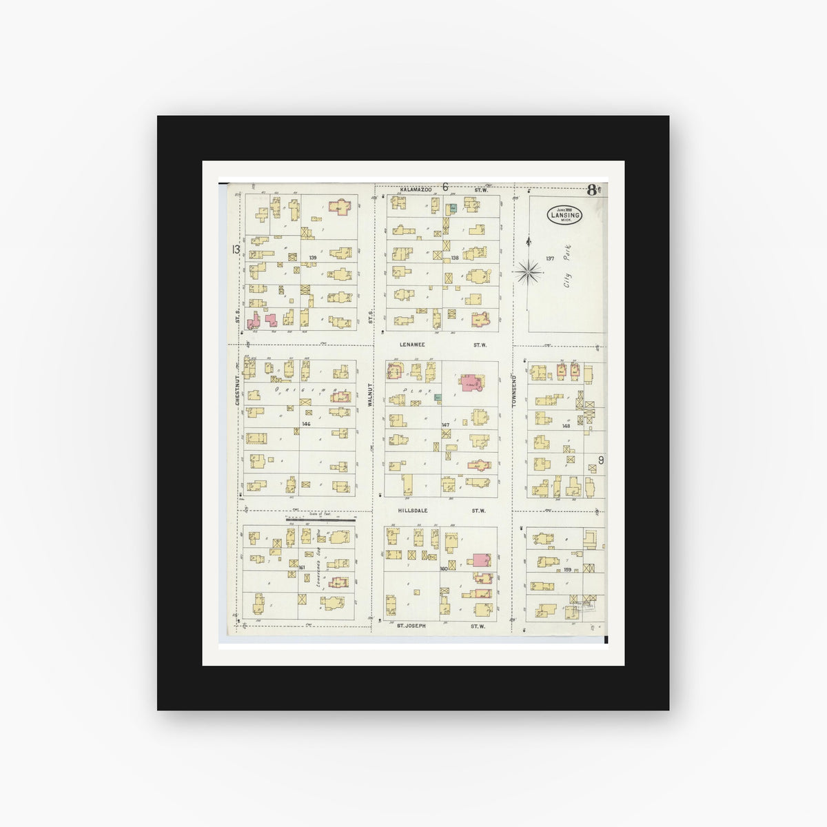 Old map wall art mockup — black gallery frame with white mat — Sanborn Fire Insurance Map from Lansing, Ingham County, Michigan (1898), Sheet #0008