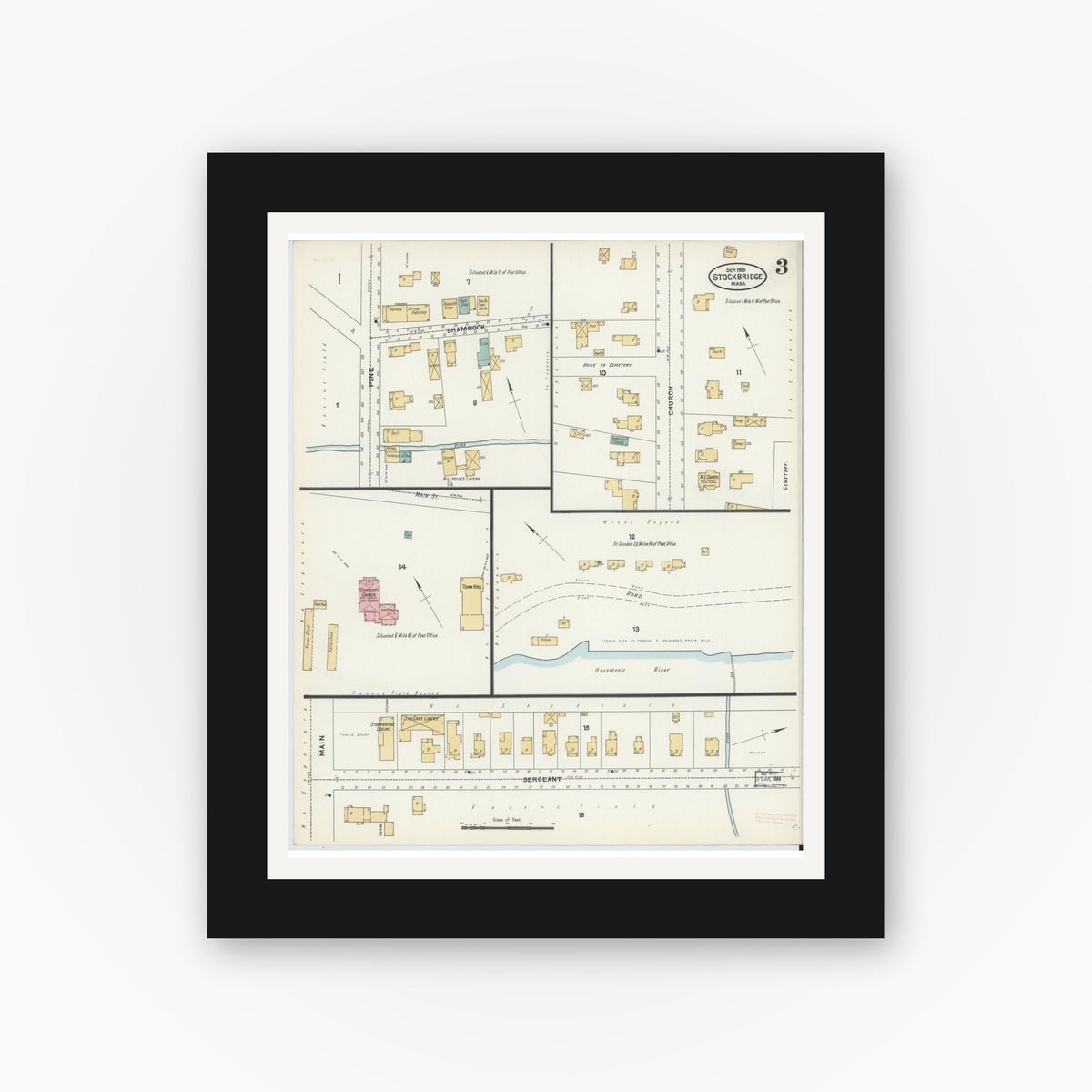 Old map wall art mockup — black gallery frame with white mat — Sanborn Fire Insurance Map from Stockbridge, Berkshire County, Massachusetts (1905), Sheet #0003