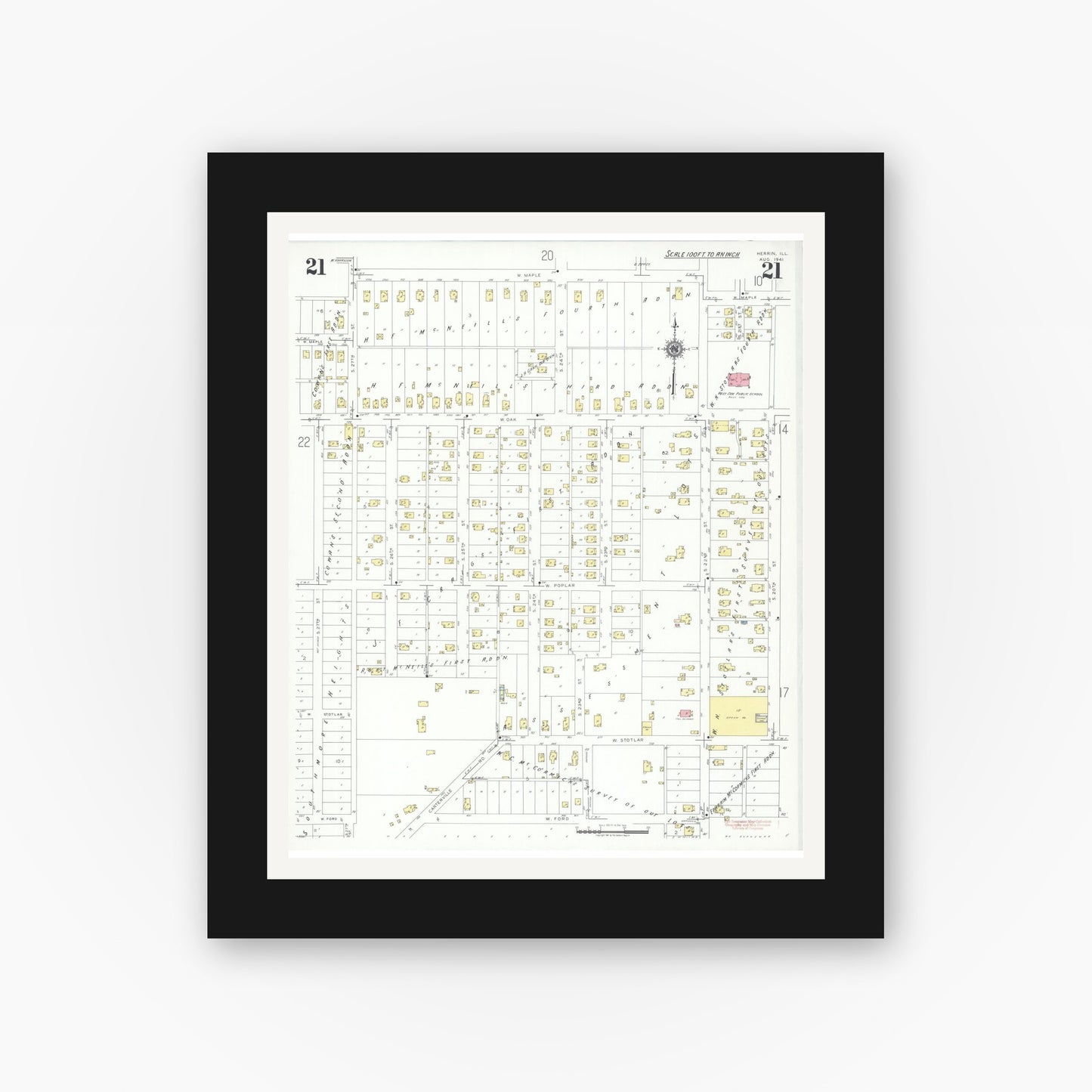 Old map wall art mockup — black gallery frame with white mat — Sanborn Fire Insurance Map from Herrin, Williamson County, Illinois (1941), Sheet #0021