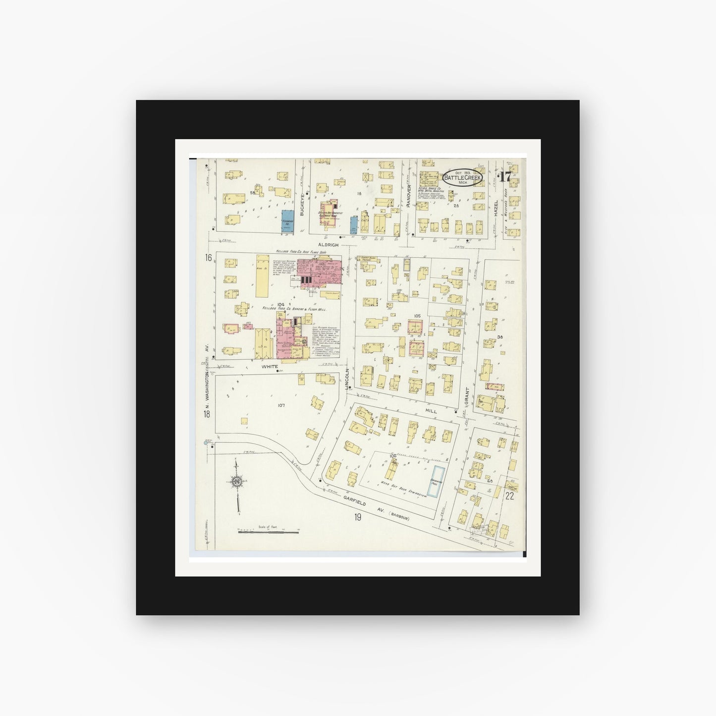 Old map wall art mockup — black gallery frame with white mat — Sanborn Fire Insurance Map from Battle Creek, Calhoun County, Michigan (1913), Sheet #0017
