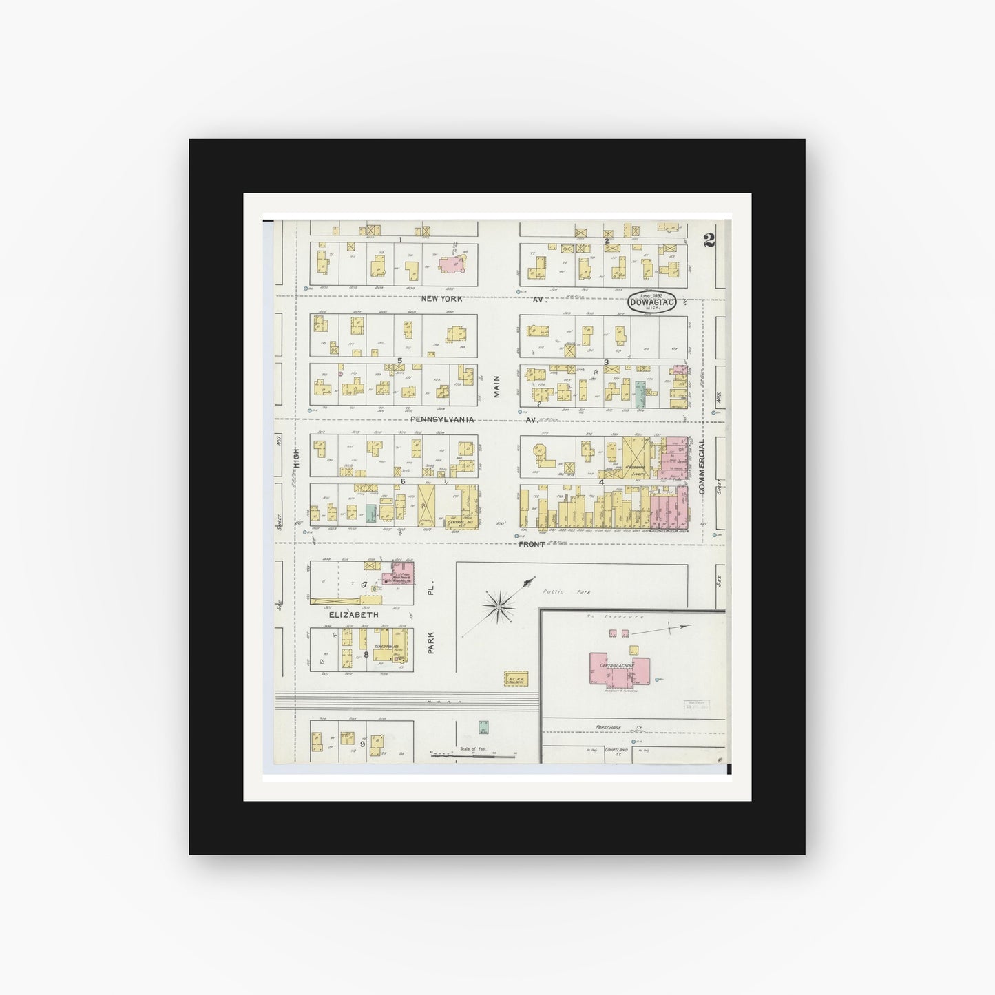 Old map wall art mockup — black gallery frame with white mat — Sanborn Fire Insurance Map from Dowagiac, Cass County, Michigan (1892), Sheet #0002