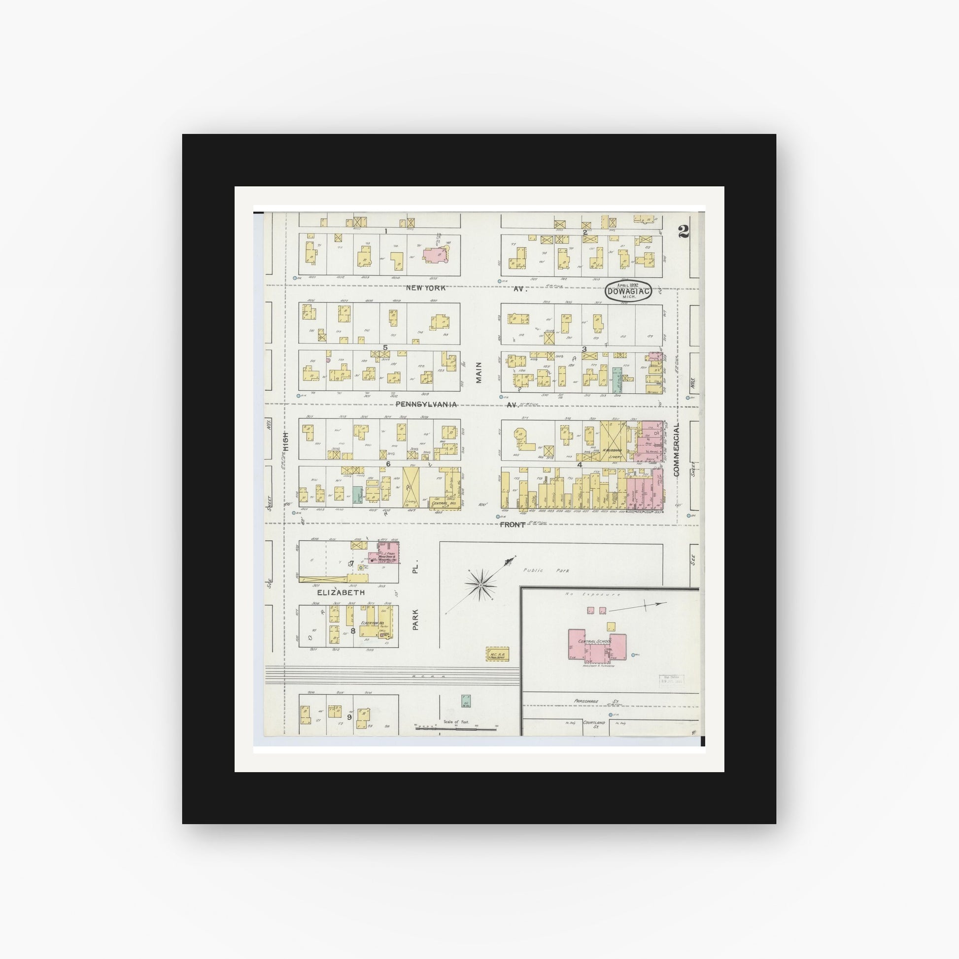Old map wall art mockup — black gallery frame with white mat — Sanborn Fire Insurance Map from Dowagiac, Cass County, Michigan (1892), Sheet #0002