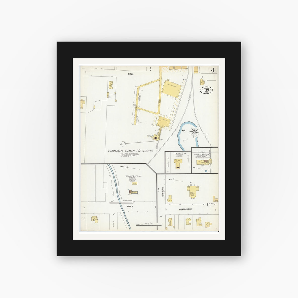 Old map wall art mockup — black gallery frame with white mat — Sanborn Fire Insurance Map from Gilmer, Upshur County, Texas (1902), Sheet #0004