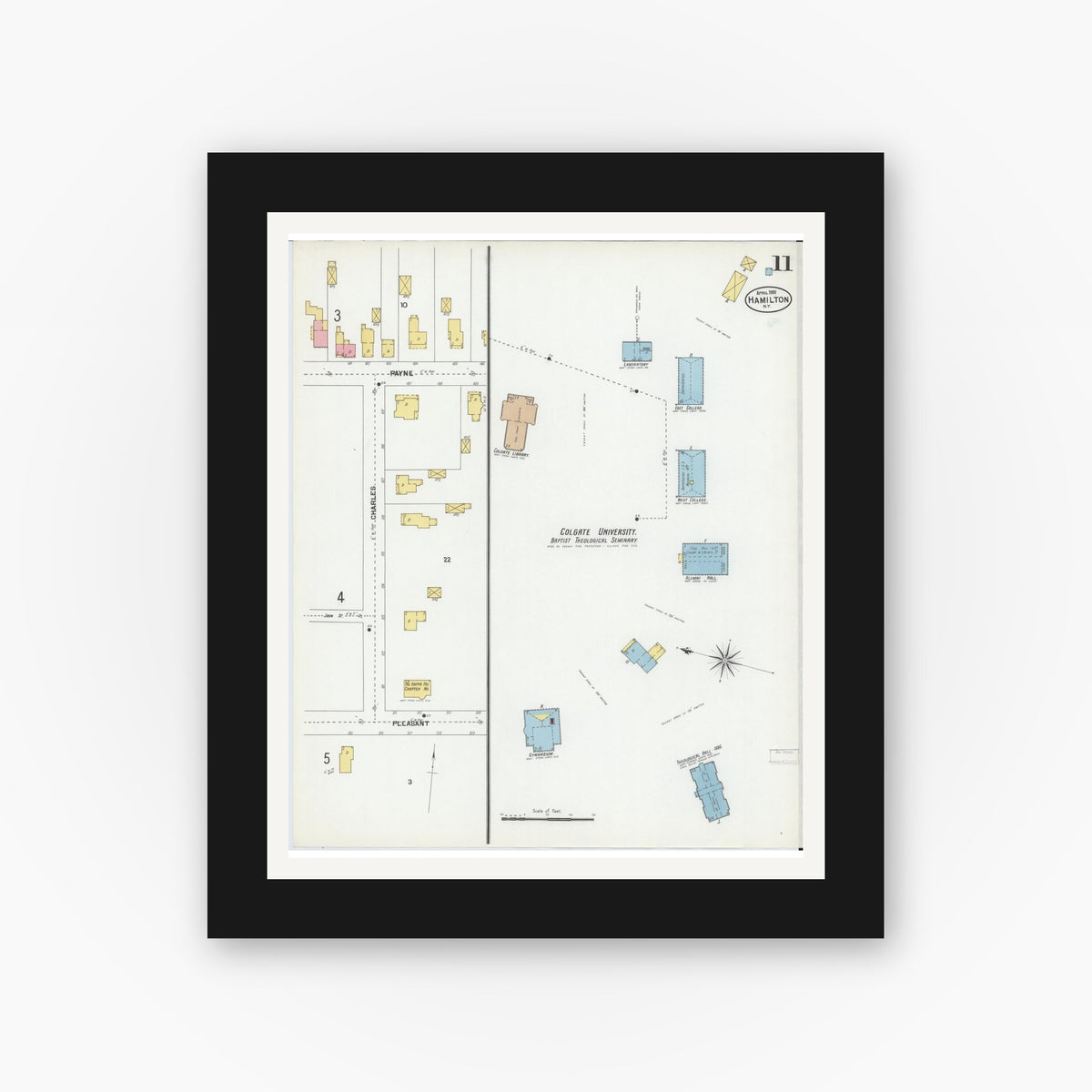 Old map wall art mockup — black gallery frame with white mat — Sanborn Fire Insurance Map from Hamilton, Madison County, New York (1901), Sheet #0011