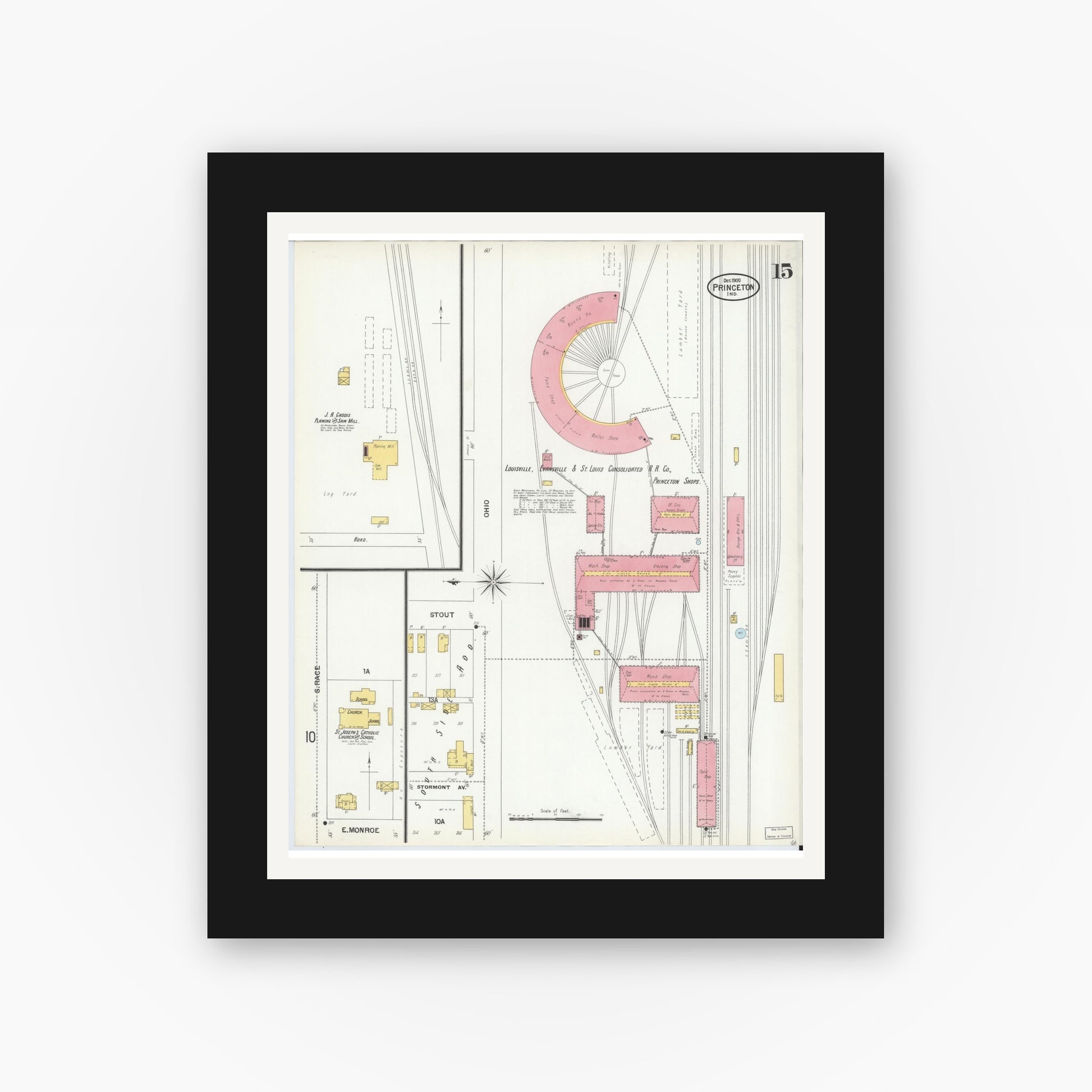 Old map wall art mockup — black gallery frame with white mat — Sanborn Fire Insurance Map from Princeton, Gibson County, Indiana (1900), Sheet #0015