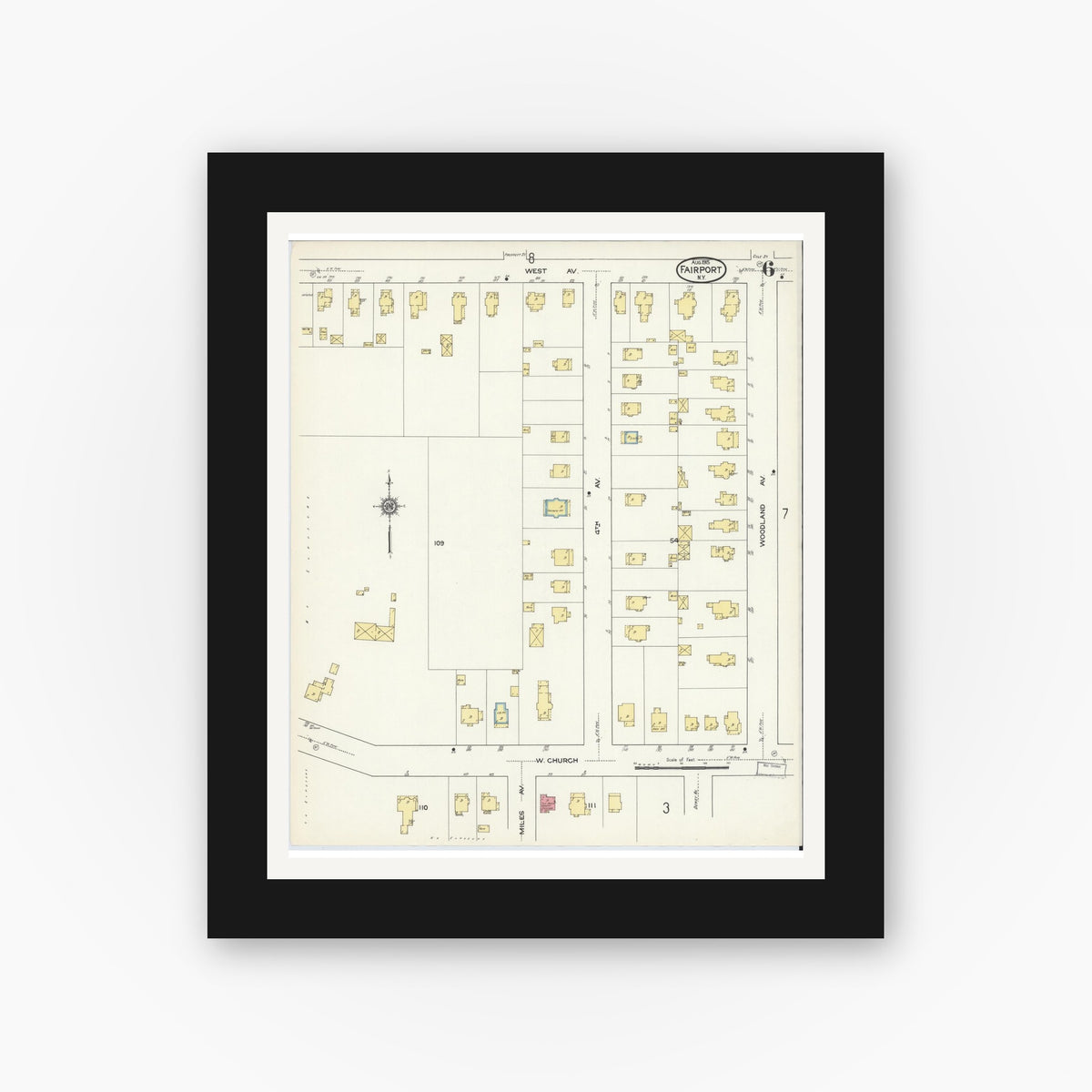Old map wall art mockup — black gallery frame with white mat — Sanborn Fire Insurance Map from Fairport, Monroe County, New York (1915), Sheet #0006