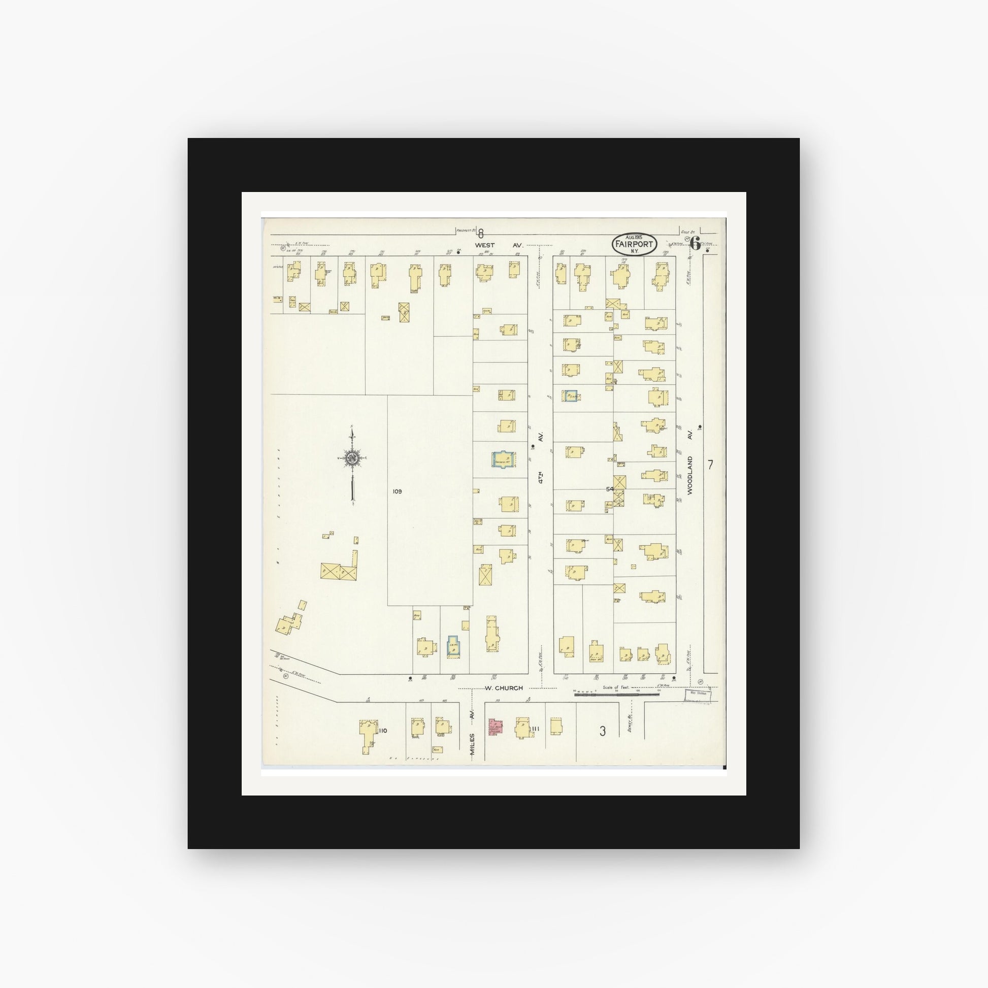 Old map wall art mockup — black gallery frame with white mat — Sanborn Fire Insurance Map from Fairport, Monroe County, New York (1915), Sheet #0006