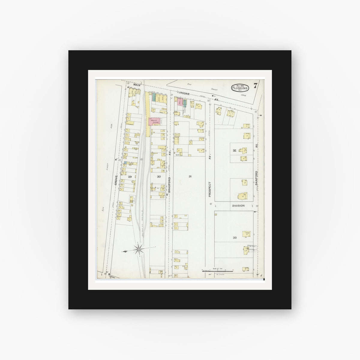 Old map wall art mockup — black gallery frame with white mat — Sanborn Fire Insurance Map from Flushing, Queens County, New York (1892), Sheet #0007