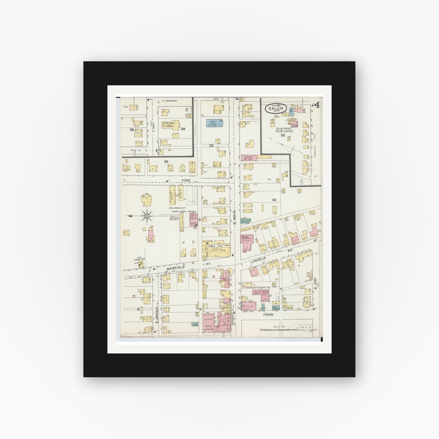 Old map wall art mockup — black gallery frame with white mat — Sanborn Fire Insurance Map from Salem, Columbiana County, Ohio (1892), Sheet #0004