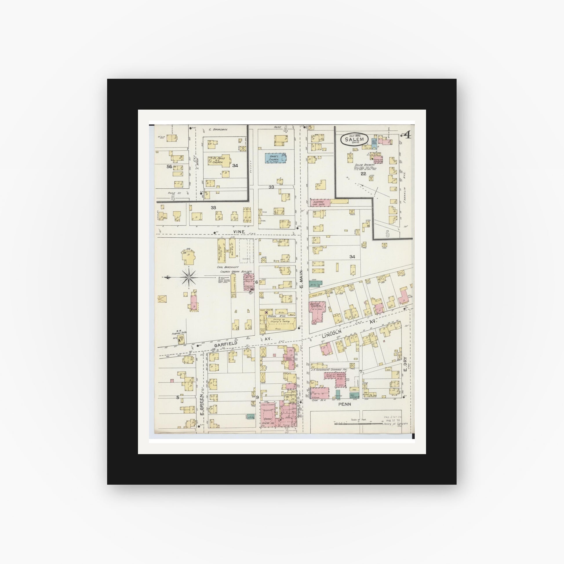 Old map wall art mockup — black gallery frame with white mat — Sanborn Fire Insurance Map from Salem, Columbiana County, Ohio (1892), Sheet #0004