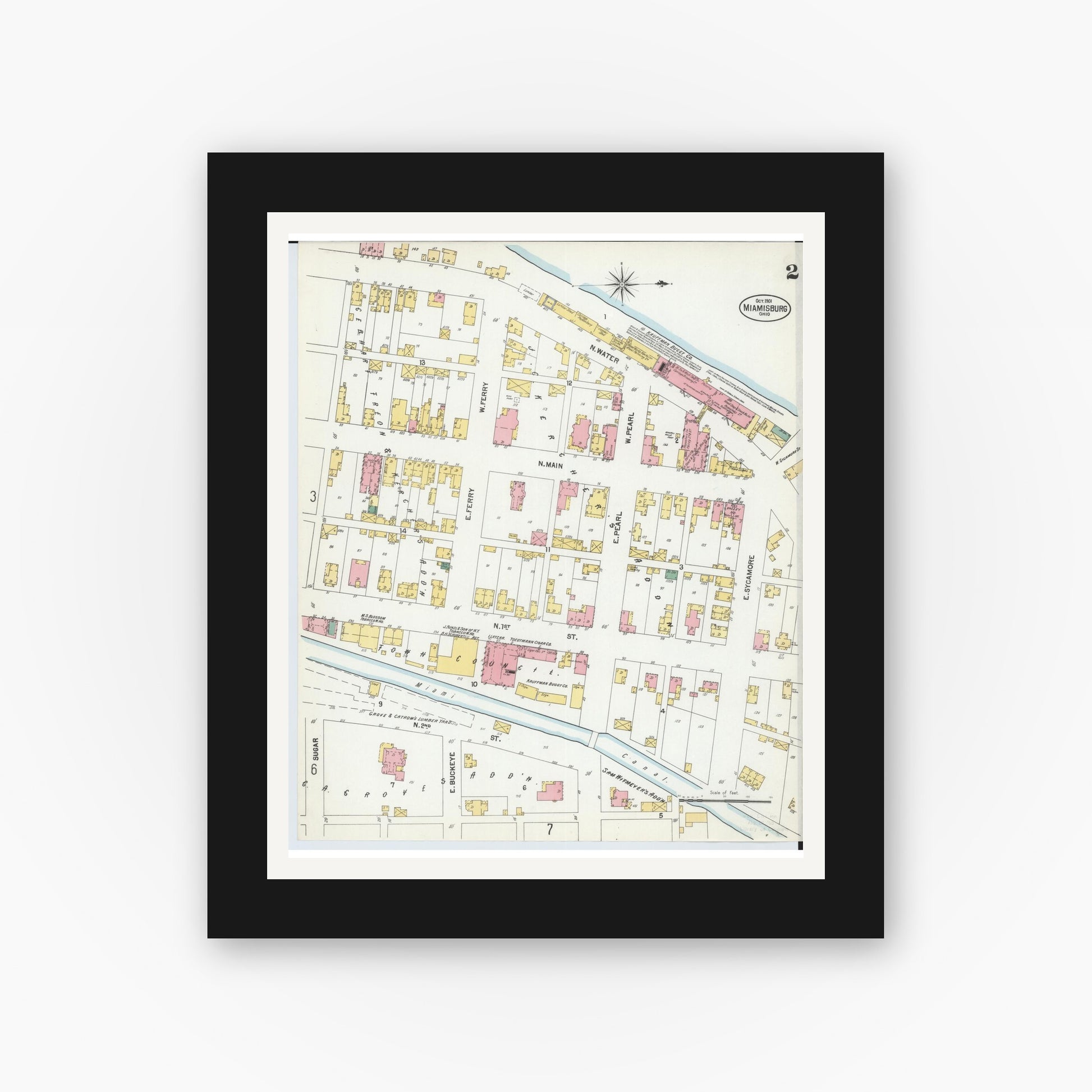 Old map wall art mockup — black gallery frame with white mat — Sanborn Fire Insurance Map from Miamisburg, Montgomery County, Ohio (1901), Sheet #0002