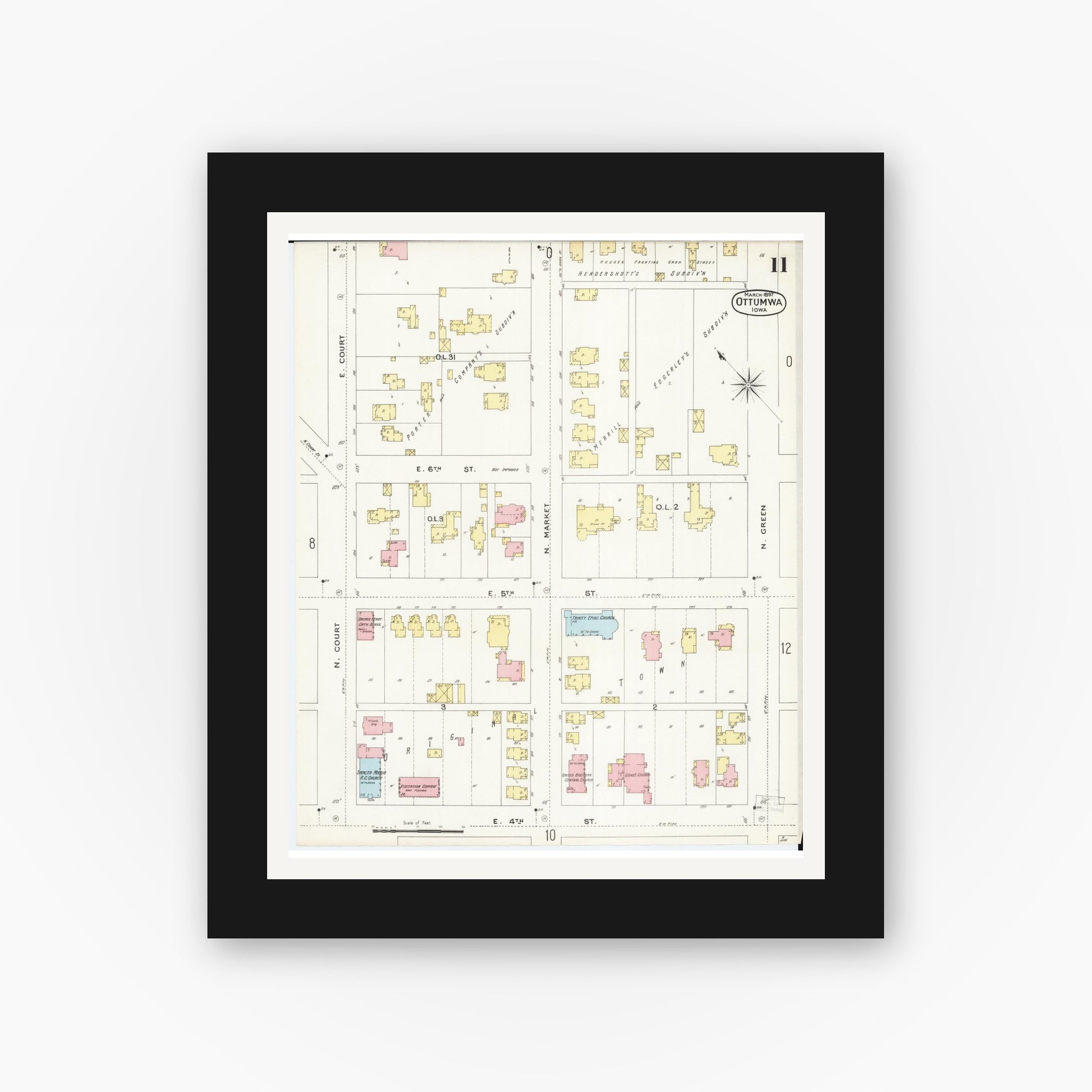 Old map wall art mockup — black gallery frame with white mat — Sanborn Fire Insurance Map from Ottumwa, Wapello County, Iowa (1897), Sheet #0011
