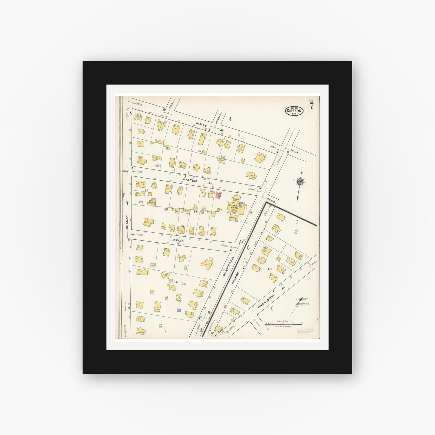 Old map wall art mockup — black gallery frame with white mat — Sanborn Fire Insurance Map from Suffern, Rockland County, New York (1921), Sheet #0007
