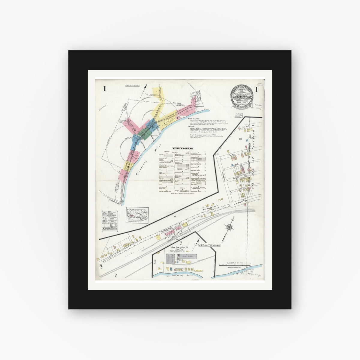 Old map wall art mockup — black gallery frame with white mat — Sanborn Fire Insurance Map from Glassmere, Allegheny County, Pennsylvania (1924) - Complete Map Set
