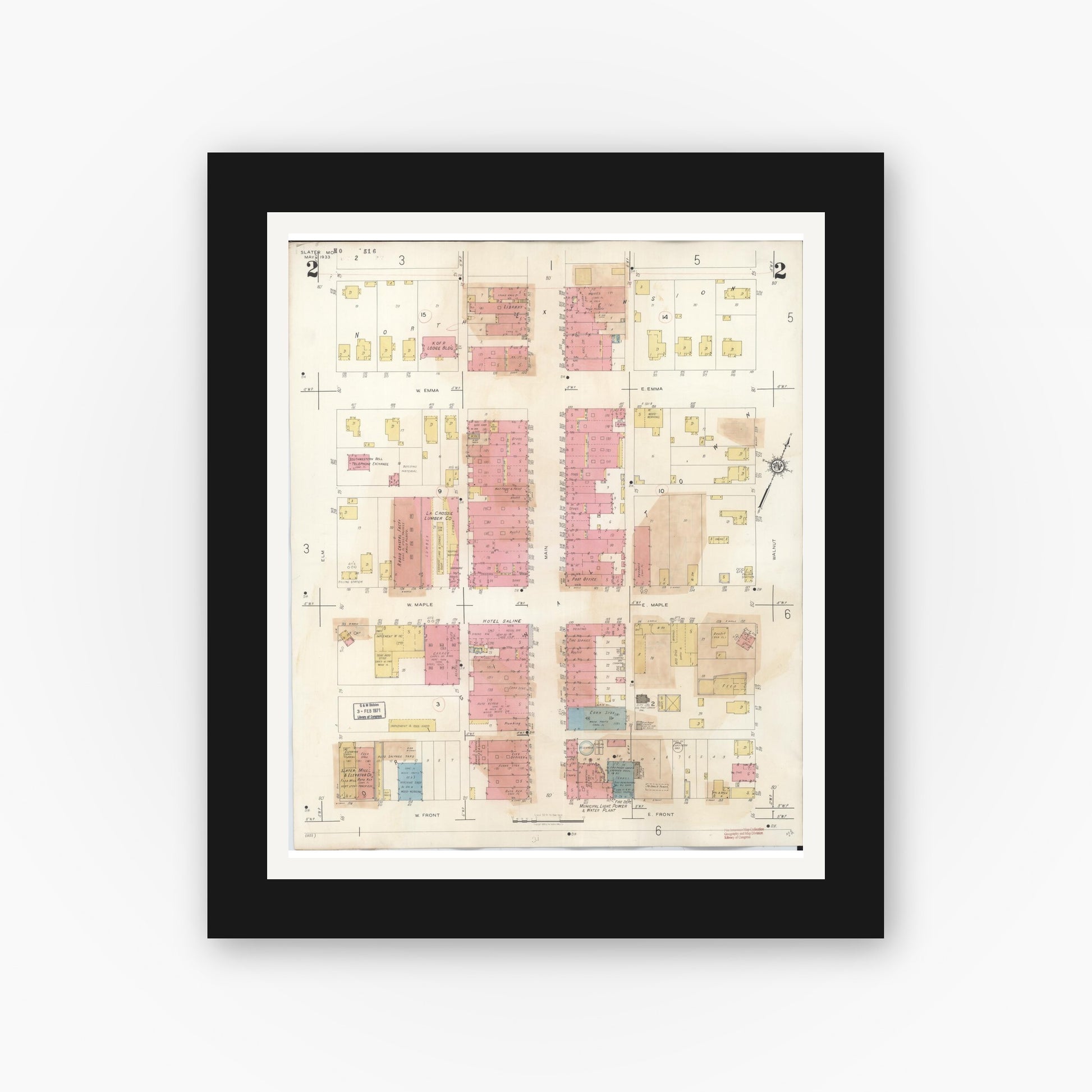 Old map wall art mockup — black gallery frame with white mat — Sanborn Fire Insurance Map from Slater, Saline County, Missouri (1944), Sheet #0002