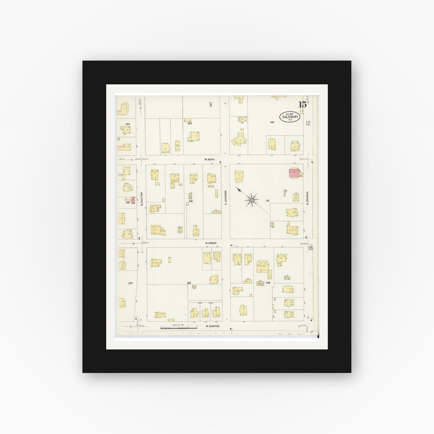 Old map wall art mockup — black gallery frame with white mat — Sanborn Fire Insurance Map from Salisbury, Rowan County, North Carolina (1907), Sheet #0015