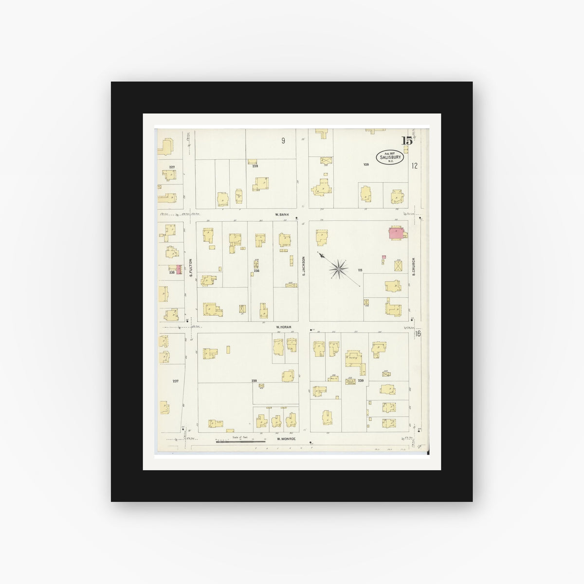 Old map wall art mockup — black gallery frame with white mat — Sanborn Fire Insurance Map from Salisbury, Rowan County, North Carolina (1907), Sheet #0015
