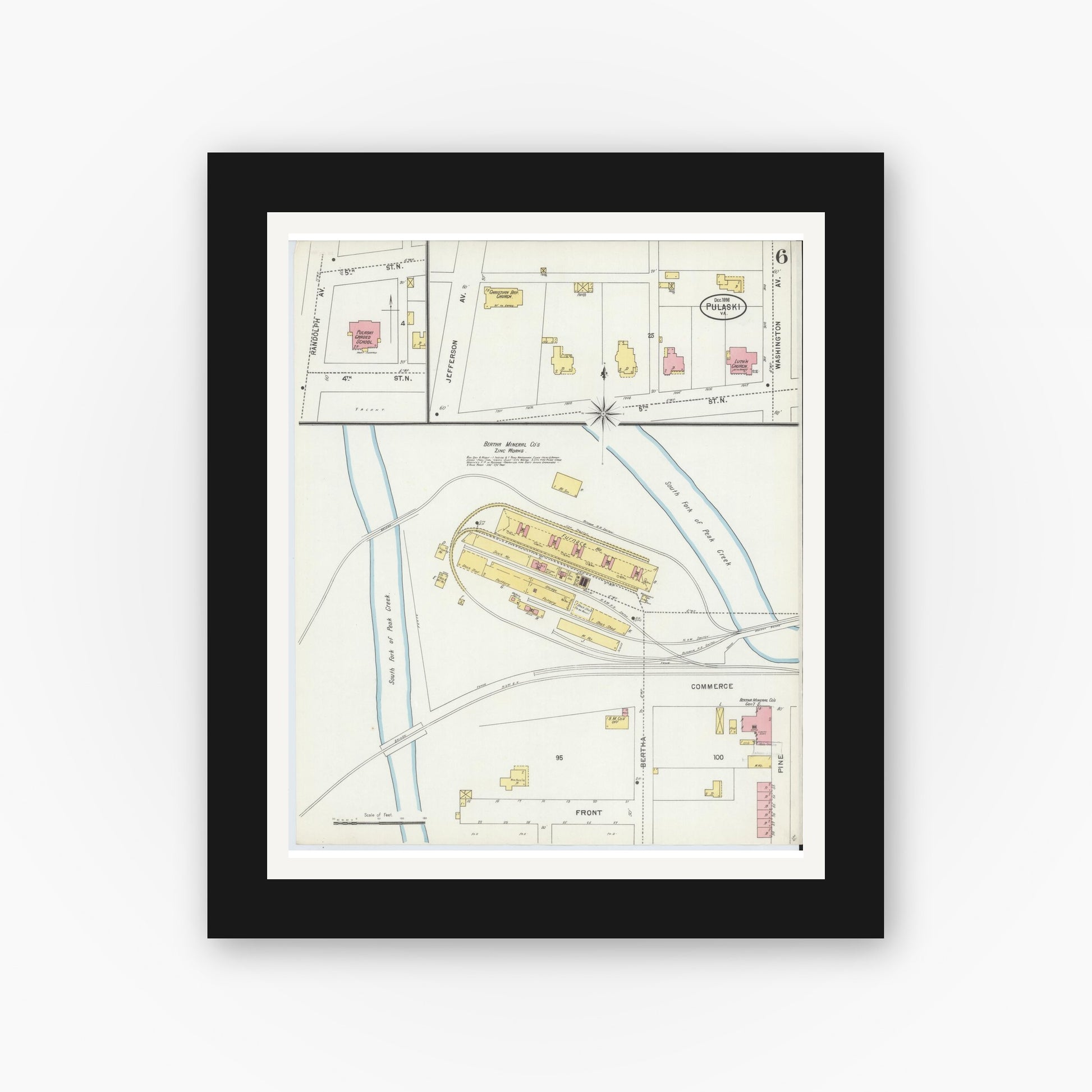 Old map wall art mockup — black gallery frame with white mat — Sanborn Fire Insurance Map from Pulaski, Pulaski County, Virginia (1898), Sheet #0006
