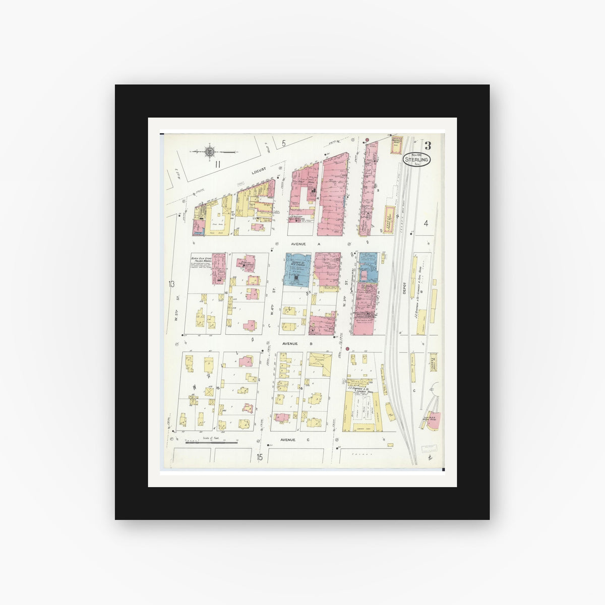 Old map wall art mockup — black gallery frame with white mat — Sanborn Fire Insurance Map from Sterling, Whiteside County, Illinois (1910), Sheet #0003