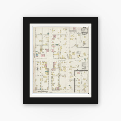Old map wall art mockup — black gallery frame with white mat — Sanborn Fire Insurance Map from Woodsfield, Monroe County, Ohio (1886), Sheet #0001