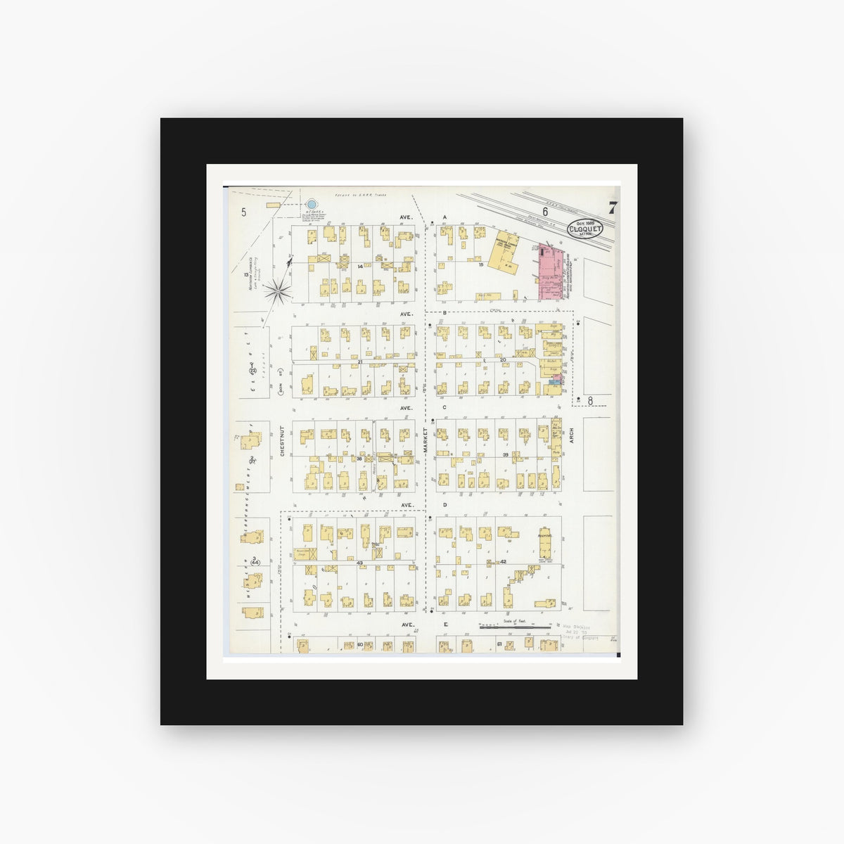 Old map wall art mockup — black gallery frame with white mat — Sanborn Fire Insurance Map from Cloquet, Carlton County, Minnesota (1905), Sheet #0007