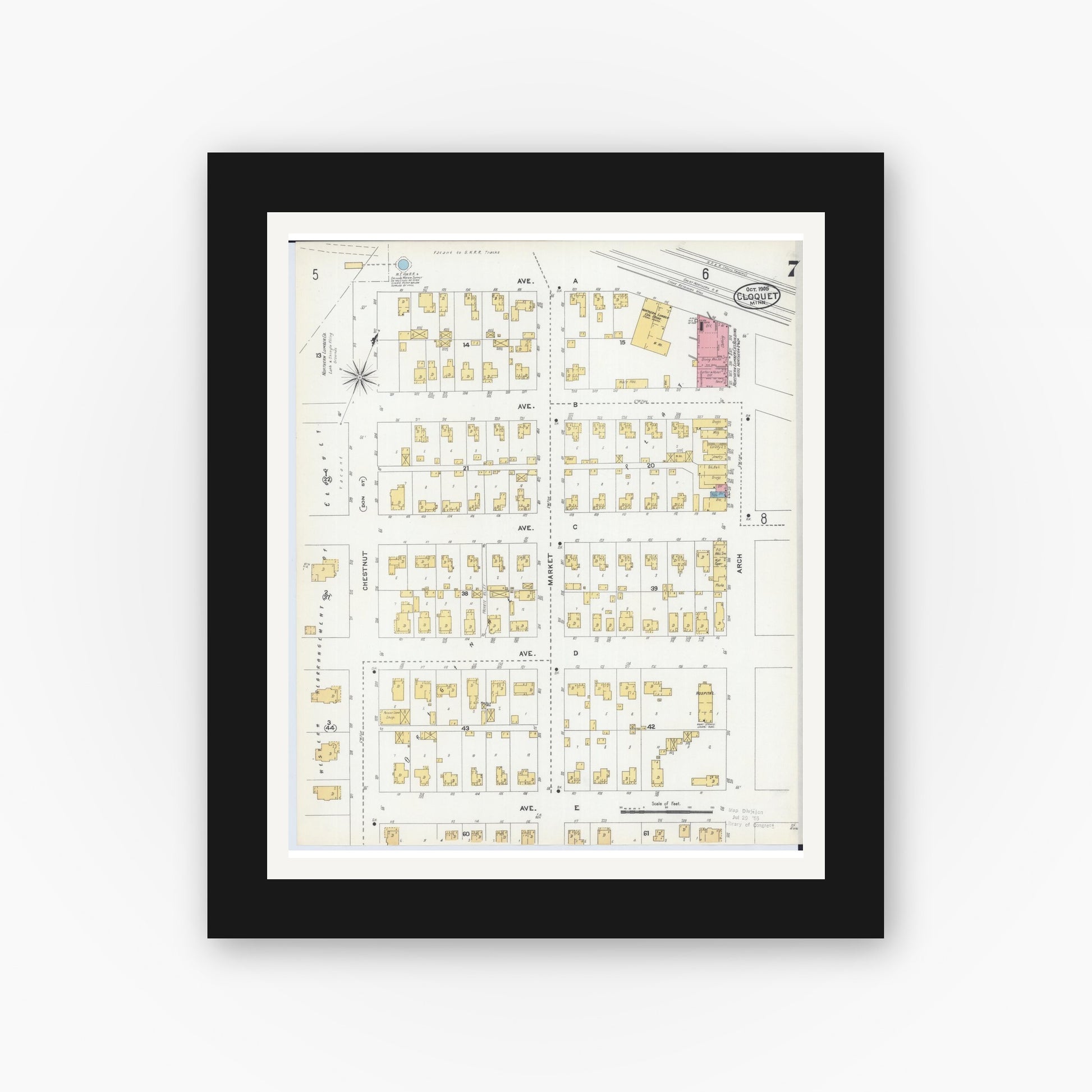 Old map wall art mockup — black gallery frame with white mat — Sanborn Fire Insurance Map from Cloquet, Carlton County, Minnesota (1905), Sheet #0007