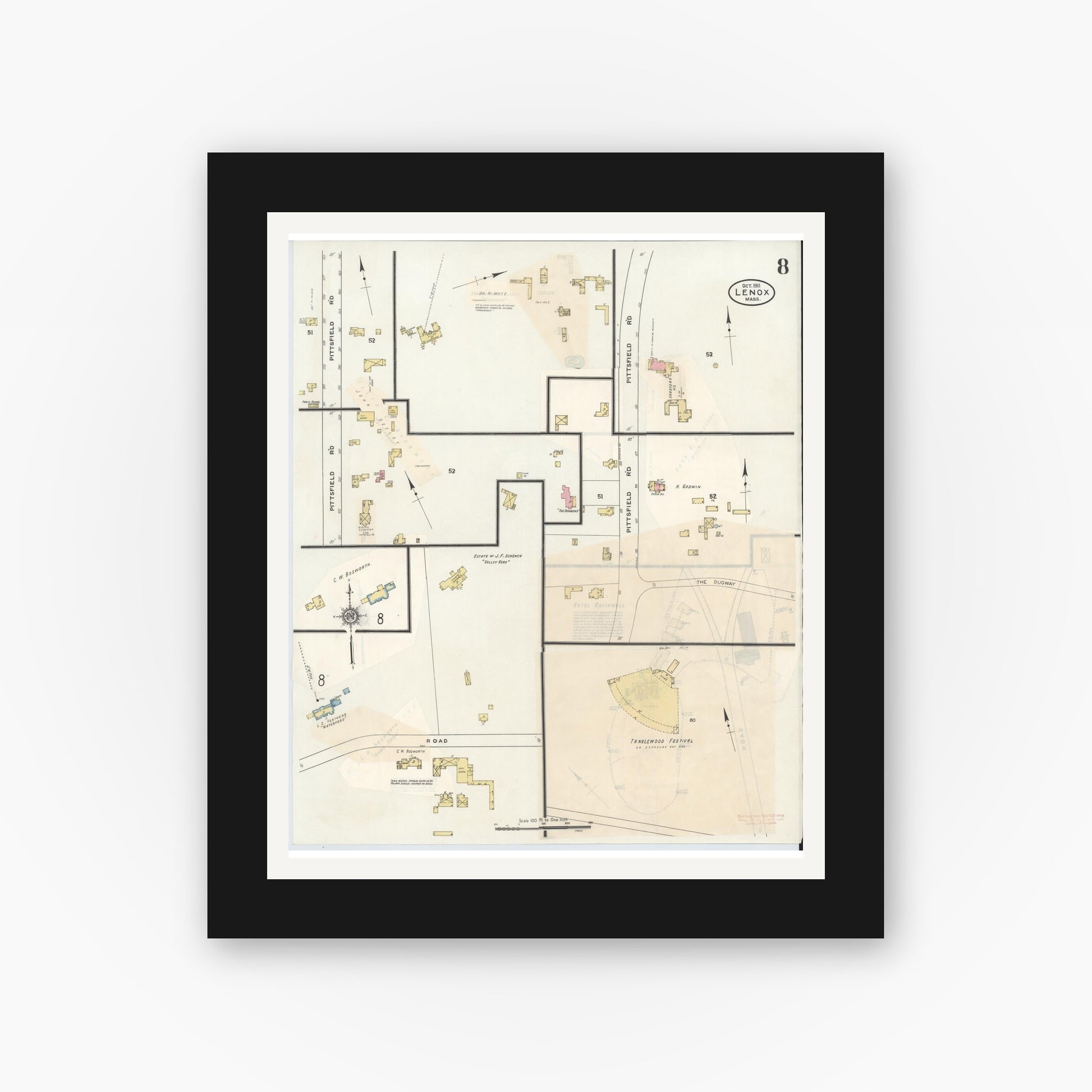 Old map wall art mockup — black gallery frame with white mat — Sanborn Fire Insurance Map from Lenox, Berkshire County, Massachusetts (1939), Sheet #0008