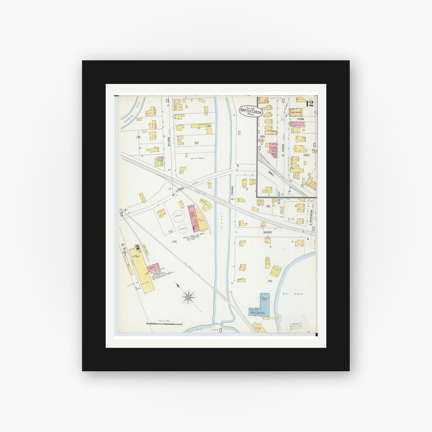 Old map wall art mockup — black gallery frame with white mat — Sanborn Fire Insurance Map from Battle Creek, Calhoun County, Michigan (1899), Sheet #0012