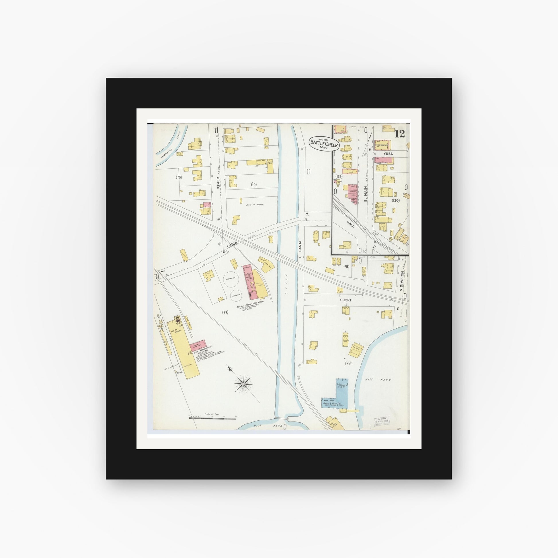 Old map wall art mockup — black gallery frame with white mat — Sanborn Fire Insurance Map from Battle Creek, Calhoun County, Michigan (1899), Sheet #0012