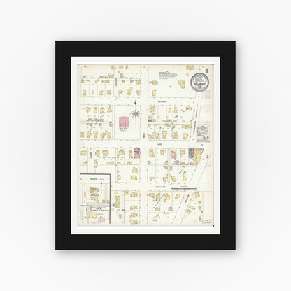 Old map wall art mockup — black gallery frame with white mat — Sanborn Fire Insurance Map from Geneva, Adams County, Indiana (1907), Sheet #0001