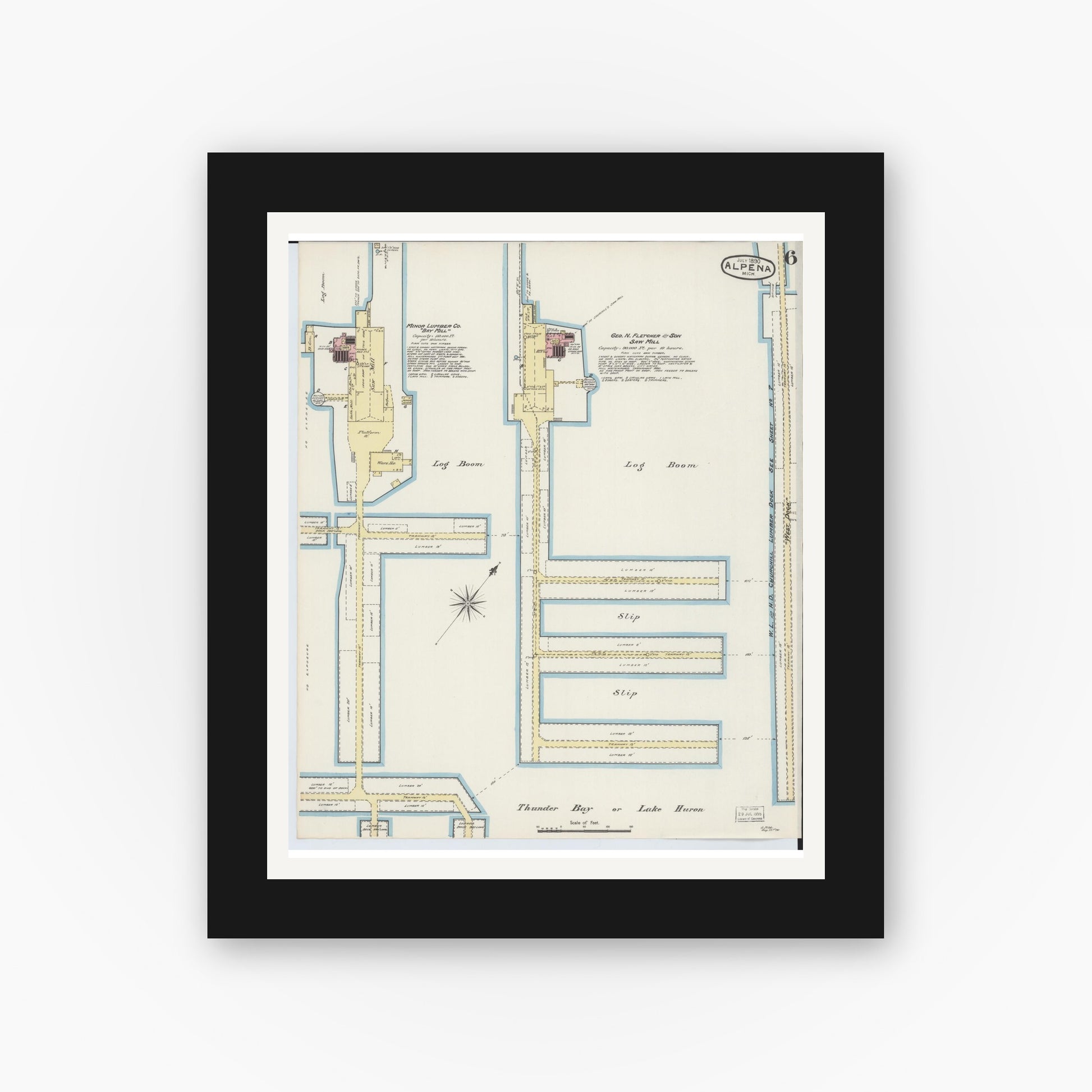 Old map wall art mockup — black gallery frame with white mat — Sanborn Fire Insurance Map from Alpena, Alpena County, Michigan (1890), Sheet #0006