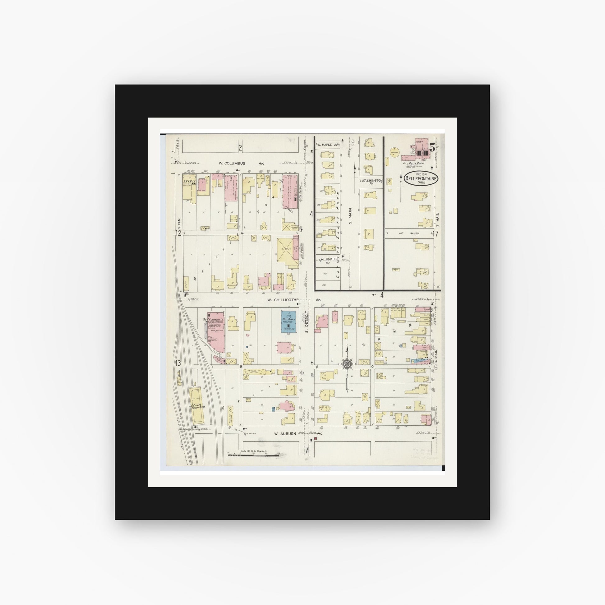 Old map wall art mockup — black gallery frame with white mat — Sanborn Fire Insurance Map from Bellefontaine, Logan County, Ohio (1914), Sheet #0005