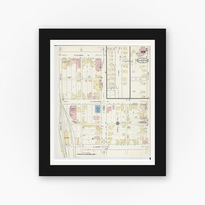 Old map wall art mockup — black gallery frame with white mat — Sanborn Fire Insurance Map from Bellefontaine, Logan County, Ohio (1914), Sheet #0005