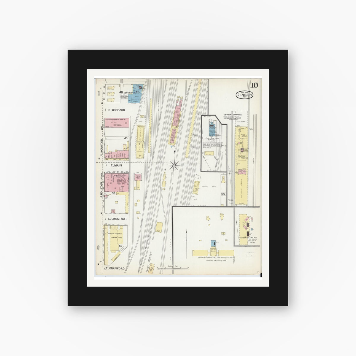 Old map wall art mockup — black gallery frame with white mat — Sanborn Fire Insurance Map from Denison, Grayson County, Texas (1892), Sheet #0010