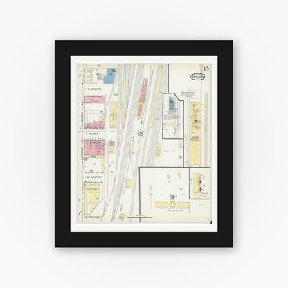 Old map wall art mockup — black gallery frame with white mat — Sanborn Fire Insurance Map from Denison, Grayson County, Texas (1892), Sheet #0010