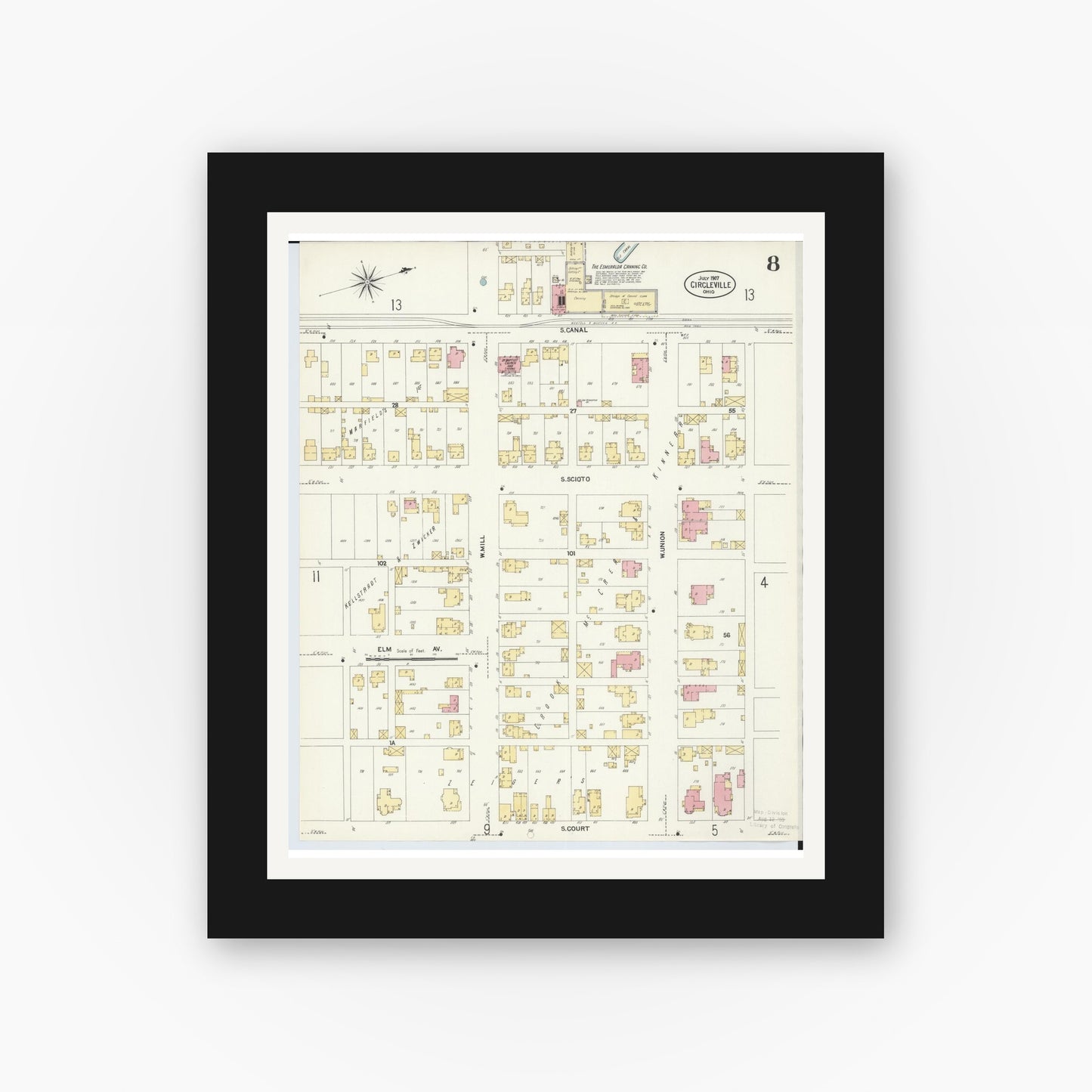 Old map wall art mockup — black gallery frame with white mat — Sanborn Fire Insurance Map from Circleville, Pickaway County, Ohio (1907), Sheet #0008