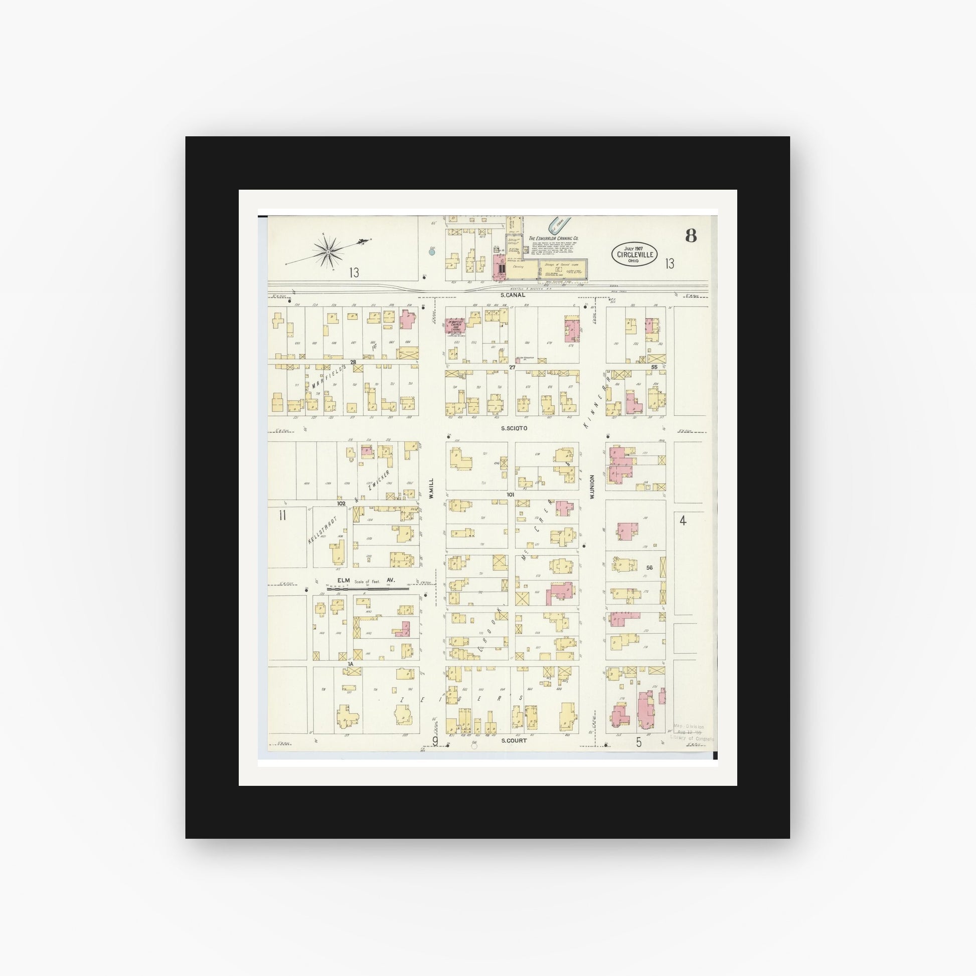 Old map wall art mockup — black gallery frame with white mat — Sanborn Fire Insurance Map from Circleville, Pickaway County, Ohio (1907), Sheet #0008