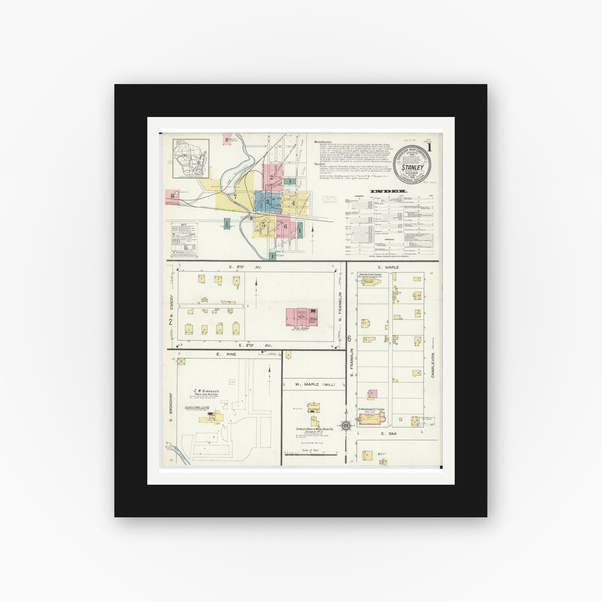 Old map wall art mockup — black gallery frame with white mat — Sanborn Fire Insurance Map from Stanley, Chippewa County, Wisconsin (1912) - Complete Map Set