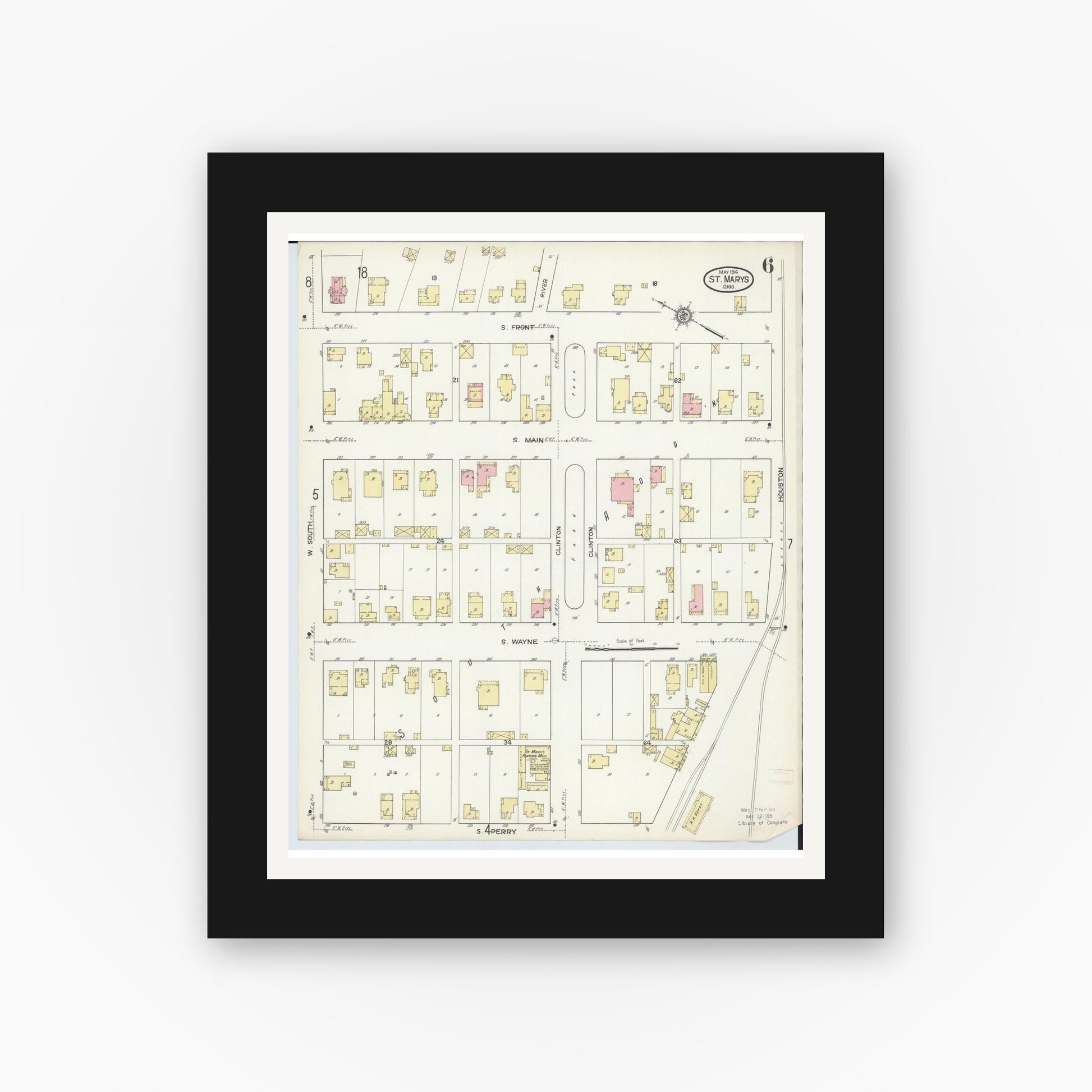 Old map wall art mockup — black gallery frame with white mat — Sanborn Fire Insurance Map from Saint Marys, Auglaize County, Ohio (1914), Sheet #0006